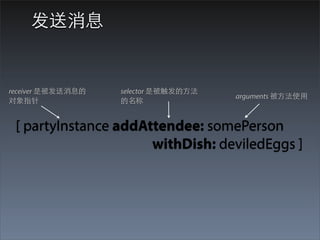 发送消息


receiver 是被发送消息的   selector 是被触发的⽅方法
                                       arguments 被⽅方法使⽤用
对象指针               的名称


 [ partyInstance addAttendee: somePerson
                      withDish: deviledEggs ]
 