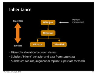 Inheritance

                                                                 Memory
             Superclass
                                       NSObject                  management




                                       UIControl




              Subclass
                            UIButton               UITextField


        • Hierarchical relation between classes
        • Subclass “inherit” behavior and data from superclass
        • Subclasses can use, augment or replace superclass methods

Thursday, January 7, 2010                                                     10
 