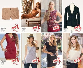 PV2054 
Short 
54 Cocoa 
09, 13 
$299PC0520990 
BI0207 
Blusón 
07 Tinto 
32, 34, 36 
$309PC9021655 
VE3912 
Vestido 
12 Rojo 
ME, GR 
$299PC5620992 
VW0410 
Vestido 
10 Negro 
32, 36, 38 
$309PC0221683 
SB0736 
Palazzo 
36 Moka 
CH, ME 
$299PC0220983 
HF2010 
Saco 
10 Negro 
ME, GR 
$309PC5921622 
BC5909 
Blusón 
09 Azul marino 
CH 
$309PC3321612 
BI3115 
Blusón 
15 Arena 
CH, ME, GR, XG 
$319PC2422337 
38 39 
 
