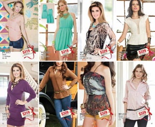 PV3117 
Short 
17 Antilope 
03, 05 
$319PC5822321 
AF5210 
Blusa 
10 Negro 
CH, ME, GR, XG 
$329PC5823043 
VF0713 
Vestido 
13 Uva 
CH, XG 
$319PC7122319 
BB2106 
Blusón 
06 Cafe 
CH 
$329PC3823022 
VC5427 
Vestido 
27 Sky blue 
GR 
$319PC6522387 
AK8196 
Blusa 
96 Ivory 
GR, XG 
$329PC5623071 
AF2149 
Blusa 
49 Camello 
CH 
$329PC0423010 
BF1218 
Blusón 
18 Palo de rosa 
CH 
$329PC3123068 
40 41 
 