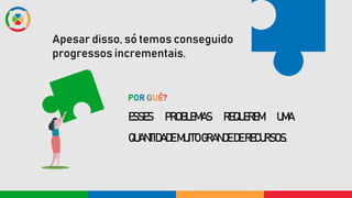 ESSES PROBLEMAS REQUEREM UMA
QUANTIDADEMUITOGRANDE DE RECURSOS.
Apesar disso, só temos conseguido
progressos incrementais.
 