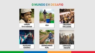 NUTRIÇÃO
Fomeeobesidade
ÁGUA CRESCIMENTO
POPULACIONAL
VOLATILIDADE
ECONÔMICA
DESENVOLVIMENTO
RURAL
URBANIZAÇÃO
CRESCENTE
 