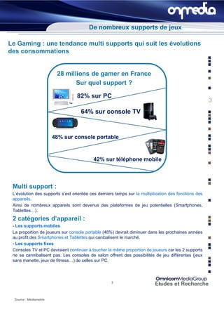De nombreux supports de jeux

Le Gaming : une tendance multi supports qui suit les évolutions
des consommations


                          28 millions de gamer en France
                                 Sur quel support ?

                                  82% sur PC
                                                                                                      3
                                    64% sur console TV


                         48% sur console portable



                                          42% sur téléphone mobile



 Multi support :
 L’évolution des supports s’est orientée ces derniers temps sur la multiplication des fonctions des
 appareils.
 Ainsi de nombreux appareils sont devenus des plateformes de jeu potentielles (Smartphones,
 Tablettes…).
 2 catégories d’appareil :
 - Les supports mobiles
 La proportion de joueurs sur console portable (48%) devrait diminuer dans les prochaines années
 au profit des Smartphones et Tablettes qui canibalisent le marché.
 - Les supports fixes
 Consoles TV et PC devraient continuer à toucher la même proportion de joueurs car les 2 supports
 ne se cannibalisent pas. Les consoles de salon offrent des possibilités de jeu différentes (jeux
 sans manette, jeux de fitness…) de celles sur PC.



                                                   3




  Source : Mediametrie
 