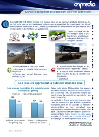 L’univers du Gaming est également un levier publicitaire



     La publicité fait partie du jeu : la marque place un ou plusieurs produits dans le jeu. Le
4    produit ou la marque sont totalement intégrés dans le jeu et donc le format parait peu intrusif
     car totalement fondu dans le jeu. L’intérêt pour l’éditeur est de rendre son jeu plus réaliste en y
     incorporant des éléments de vie quotidienne.
                                                                            Toyota a intégré un de
                                                                            ses modèles dans le jeu
                                                                            les Sims 3, ainsi le jouer
                                                                            à la possibilité de s’offrir
                                                                            une prius virtuelle.

                                                                                                                  8




          Forte présence à l’esprit du joueur.                        La publicité doit être intégré au jeu,
          Augmente la notoriété de la marque et                      ce qui necéssite l’accord de l’éditeur.
         du produit.                                                   La marque étant totalement fondue
          Format peu intrusif fusionné dans                          dans l’univers du jeu, la visibilité peu
         l’univers du jeu                                             être réduite.
                                                                       Coût élevé

                 Les joueurs apprécient la publicité dans les jeux
 Les joueurs favorables à la publicité dans Selon cette étude Médiamétrie, les joueurs
           l’univers du gaming              déclarent apprécier la publicité dans l’univers
                                                               d’un jeu (indice 128). En revanche l’intérêt est
          Gamers           Ensemble population
                                                               moindre pour la publicité en pré-roll d’un jeu
       128                                                     vidéo (indice 104).
                                     104                       La publicité In Game est moins intrusive que
                100                          100
                                                               celle en pré-roll d’un jeu. Parfois la publicité
                                                               incorporée dans le jeu apporte un réalisme
                                                               supplémentaire au jeu, permettant une
                                                               reproduction quasiment similaire d’un lieu d’un
                                                               objet… la publicité In Game est une possibilité
                                                               supplémentaire d’aller toucher sa cible dans
                                                               un cadre où l’individu est concentré et réceptif
                                                               au message car il est impliqué dans le jeu.
Publicité dans l'univers       Interet pour la publicité
   du gaming play                 avant un jeu vidéo
                                                           8



    Source : Mediametrie
 