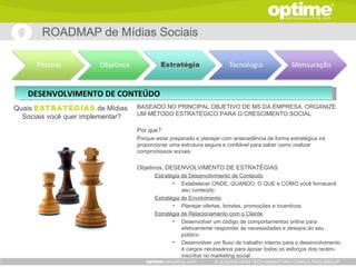 ROADMAP de Mídias Sociais




   DESENVOLVIMENTO DE CONTEÚDO
Quais ESTRATÉGIAS de Mídias        BASEADO NO PRINCIPAL OBJETIVO DE MS DA EMPRESA, ORGANIZE
                                   UM MÉTODO ESTRATÉGICO PARA O CRESCIMENTO SOCIAL
  Sociais você quer implementar?
                                   Por que?
                                   Porque estar preparado e planejar com antecedência de forma estratégica irá
                                   proporcionar uma estrutura segura e confiável para saber como realizar
                                   compromissos sociais


                                   Objetivos, DESENVOLVIMENTO DE ESTRATÉGIAS
                                          Estratégia de Desenvolvimento de Conteúdo
                                                 • Estabelecer ONDE, QUANDO, O QUE e COMO você fornecerá
                                                     seu conteúdo
                                          Estratégia de Envolvimento
                                                 • Planejar ofertas, brindes, promoções e incentivos.
                                          Estratégia de Relacionamento com o Cliente
                                                 • Desenvolver um código de comportamentos online para
                                                     efetivamente responder às necessidades e desejos do seu
                                                     público
                                                 • Desenvolver um fluxo de trabalho interno para o desenvolvimento
                                                     e cargos necessários para apoiar todos os esforços dos recém-
                                                     inscritos no marketing social
                                                            |    A LEADING HIGH TECH MARKETING CONSULTING GROUP
 