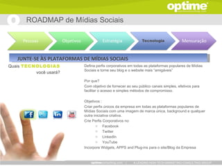 ROADMAP de Mídias Sociais




   JUNTE-SE ÀS PLATAFORMAS DE MÍDIAS SOCIAIS
Quais TECNOLOGIAS          Defina perfis corporativos em todas as plataformas populares de Mídias
                           Sociais e torne seu blog e o website mais “amigáveis”
          você usará?
                           Por que?
                           Com objetivo de fornecer ao seu público canais simples, efetivos para
                           facilitar o acesso e simples métodos de compromisso.

                           Objetivos :
                           Criar perfis únicos da empresa em todas as plataformas populares de
                           Mídias Sociais com uma imagem de marca única, background e qualquer
                           outra iniciativa criativa.
                           Crie Perfis Corporativos no
                                  o Facebook
                                  o Twitter
                                  o LinkedIn
                                  o YouTube
                           Incorpore Widgets, APPS and Plug-ins para o site/Blog da Empresa



                                                   |    A LEADING HIGH TECH MARKETING CONSULTING GROUP
 