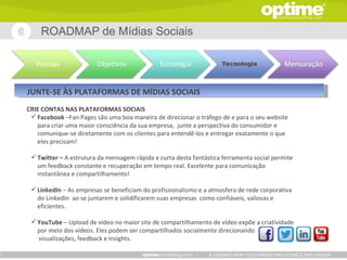 ROADMAP de Mídias Sociais




JUNTE-SE ÀS PLATAFORMAS DE MÍDIAS SOCIAIS
CRIE CONTAS NAS PLATAFORMAS SOCIAIS
  Facebook –Fan Pages são uma boa maneira de direcionar o tráfego de e para o seu website
   para criar uma maior consciência da sua empresa, junte a perspectiva do consumidor e
   comunique-se diretamente com os clientes para entendê-los e entregar exatamente o que
   eles precisam!

  Twitter – A estrutura da mensagem rápida e curta desta fantástica ferramenta social permite
   um feedback constante e recuperação em tempo real. Excelente para comunicação
   instantânea e compartilhamento!

  LinkedIn – As empresas se beneficiam do profissionalismo e a atmosfera de rede corporativa
   do LinkedIn ao se juntarem e solidificarem suas empresas como confiáveis, valiosas e
   eficientes.

  YouTube – Upload de vídeo no maior site de compartilhamento de vídeo expõe a criatividade
   por meio dos vídeos. Eles podem ser compartilhados socialmente direcionando
   visualizações, feedback e insights.

                                                           |    A LEADING HIGH TECH MARKETING CONSULTING GROUP
 