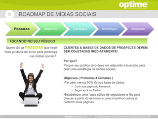 ROADMAP DE MÍDIAS SOCIAIS



   FOCANDO NO SEU PÚBLICO
 Quem são as PESSOAS que você           CLIENTES & BASES DE DADOS DE PROSPECTS DEVEM
mais gostaria de atrair pela presença   SER COLETADAS IMEDIATAMENTE!
                 nas mídias sociais?
                                        Por que?
                                        Porque seu público alvo deve ser adquirido e buscado para
                                        criar uma estratégia de mídias sociais.

                                        Objetivos ( Primeiras 4 semanas )
                                        •Ter pelo menos 50% da sua base de dados
                                             • Curtir sua página do Facebook
                                             • Seguir você no Twitter
                                        •Estabelecer uma base sólida de seguidores e fãs para
                                        crescer a partir do estímulo e para incentivar outros a
                                        curtirem suas páginas



                                                           |   A LEADING HIGH TECH MARKETING CONSULTING GROUP
 