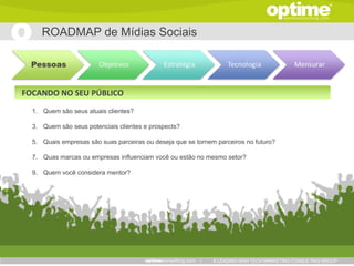 ROADMAP de Mídias Sociais




FOCANDO NO SEU PÚBLICO
  1. Quem são seus atuais clientes?

  3. Quem são seus potenciais clientes e prospects?

  5. Quais empresas são suas parceiras ou deseja que se tornem parceiros no futuro?

  7. Quas marcas ou empresas influenciam você ou estão no mesmo setor?

  9. Quem você considera mentor?




                                                          |   A LEADING HIGH TECH MARKETING CONSULTING GROUP
 