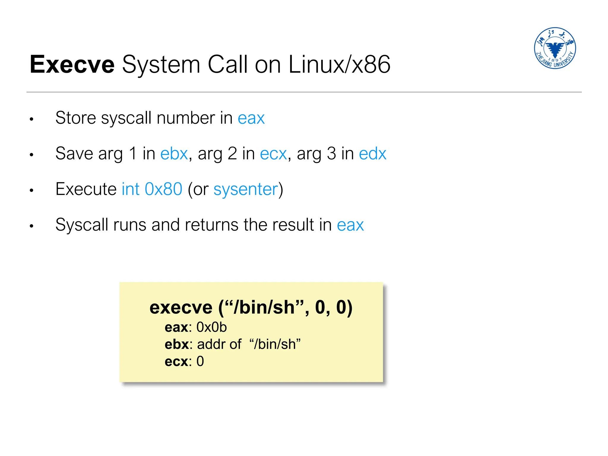 Execve System Call on Linux/x86
• Store syscall number in eax
• Save arg 1 in ebx, arg 2 in ecx, arg 3 in edx
• Execute int 0x80 (or sysenter)
• Syscall runs and returns the result in eax
execve (“/bin/sh”, 0, 0)
eax: 0x0b
ebx: addr of “/bin/sh”
ecx: 0
 