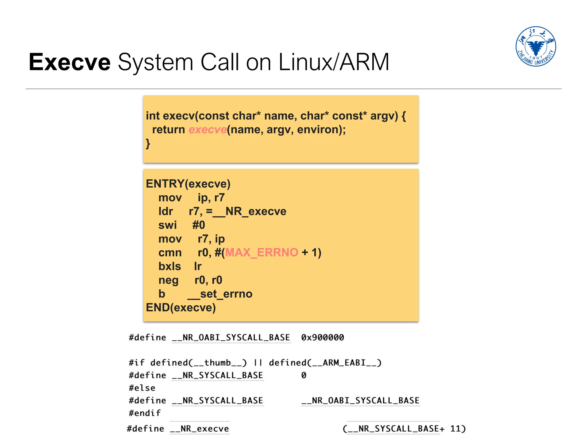 Execve System Call on Linux/ARM
int execv(const char* name, char* const* argv) {
return execve(name, argv, environ);
}
ENTRY(execve)
mov ip, r7
ldr r7, =__NR_execve
swi #0
mov r7, ip
cmn r0, #(MAX_ERRNO + 1)
bxls lr
neg r0, r0
b __set_errno
END(execve)
 