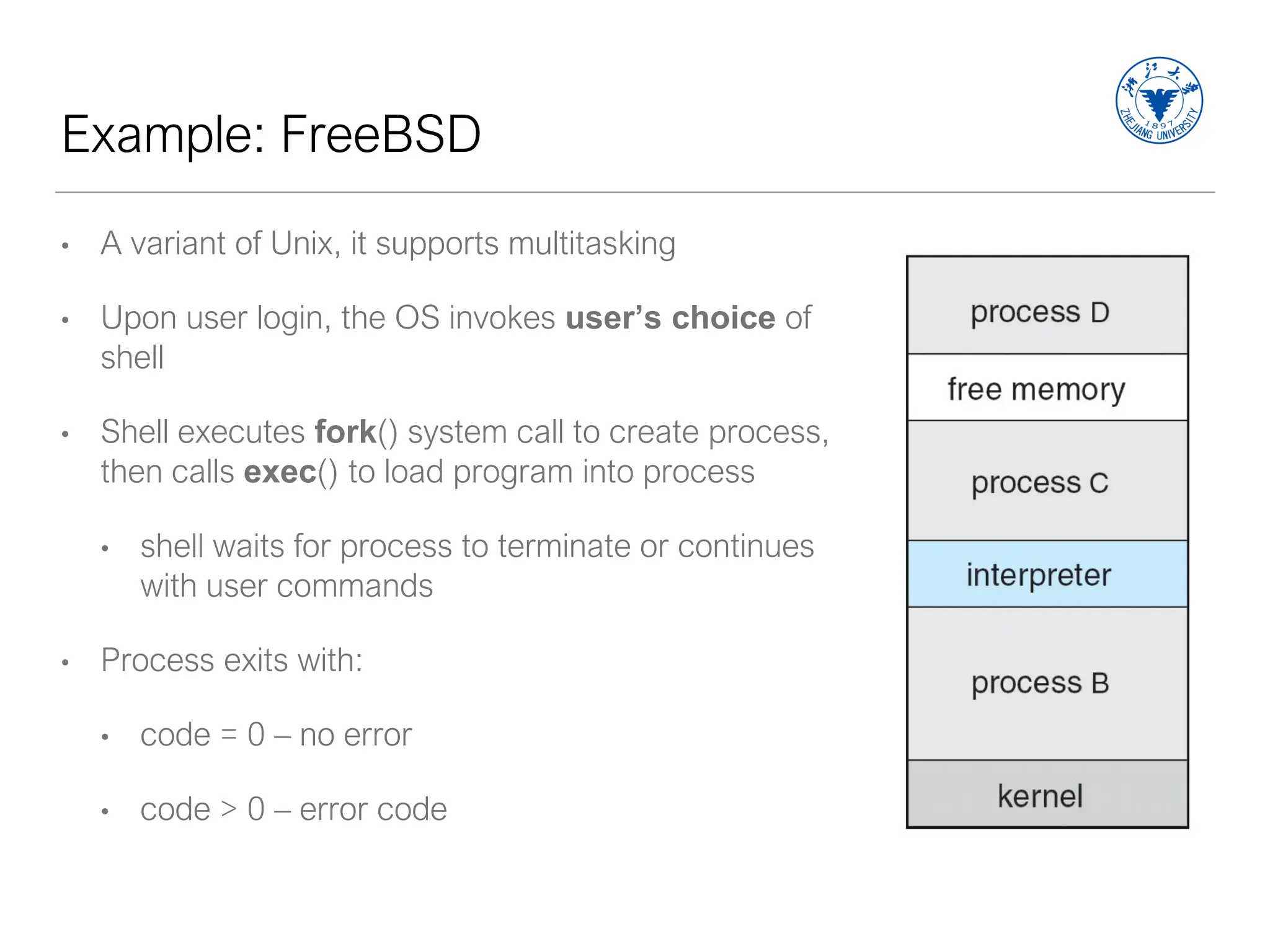 Example: FreeBSD
• A variant of Unix, it supports multitasking
• Upon user login, the OS invokes user’s choice of
shell
• Shell executes fork() system call to create process,
then calls exec() to load program into process
• shell waits for process to terminate or continues
with user commands
• Process exits with:
• code = 0 – no error
• code > 0 – error code
 