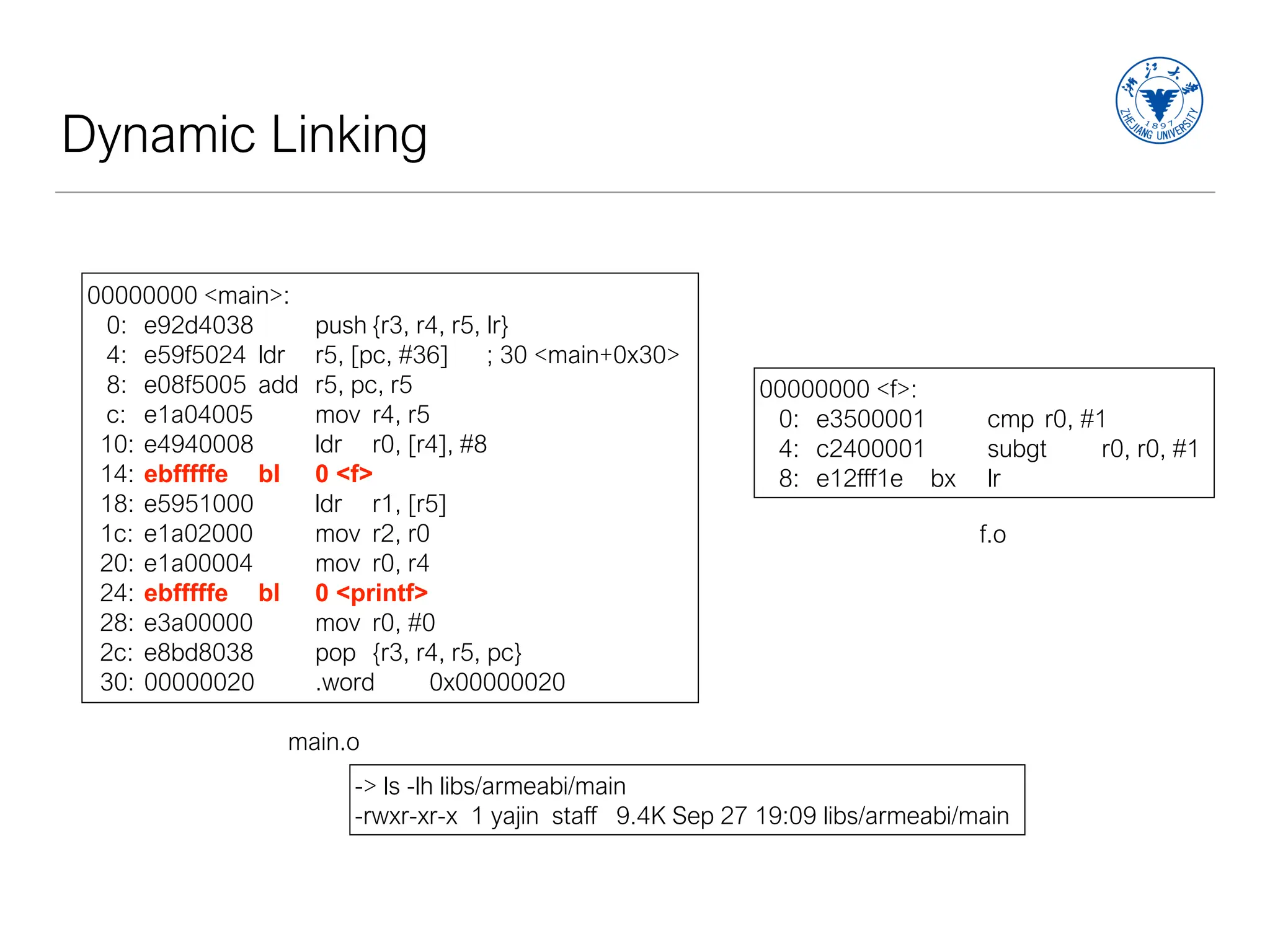 Dynamic Linking
00000000 <main>:
0: e92d4038 push {r3, r4, r5, lr}
4: e59f5024 ldr r5, [pc, #36] ; 30 <main+0x30>
8: e08f5005 add r5, pc, r5
c: e1a04005 mov r4, r5
10: e4940008 ldr r0, [r4], #8
14: ebfffffe bl 0 <f>
18: e5951000 ldr r1, [r5]
1c: e1a02000 mov r2, r0
20: e1a00004 mov r0, r4
24: ebfffffe bl 0 <printf>
28: e3a00000 mov r0, #0
2c: e8bd8038 pop {r3, r4, r5, pc}
30: 00000020 .word 0x00000020
main.o
00000000 <f>:
0: e3500001 cmp r0, #1
4: c2400001 subgt r0, r0, #1
8: e12fff1e bx lr
f.o
-> ls -lh libs/armeabi/main
-rwxr-xr-x 1 yajin staff 9.4K Sep 27 19:09 libs/armeabi/main
 