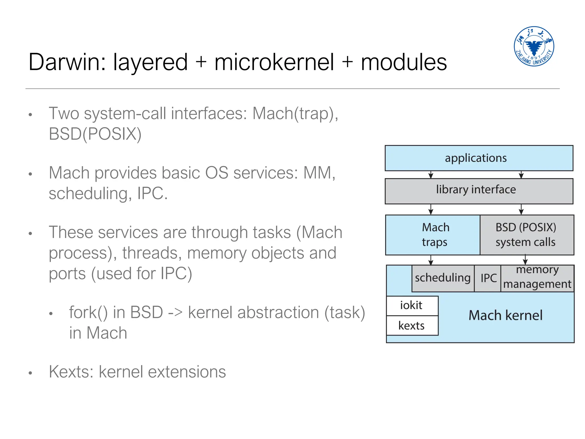 Darwin: layered + microkernel + modules
• Two system-call interfaces: Mach(trap),
BSD(POSIX)
• Mach provides basic OS services: MM,
scheduling, IPC.
• These services are through tasks (Mach
process), threads, memory objects and
ports (used for IPC)
• fork() in BSD -> kernel abstraction (task)
in Mach
• Kexts: kernel extensions
 