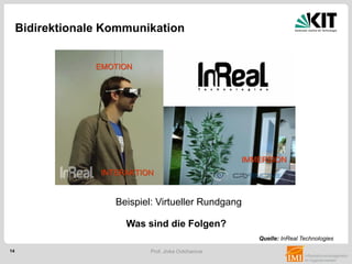 14 Prof. Jivka Ovtcharova
Quelle: InReal Technologies
Bidirektionale Kommunikation
INTERAKTION
EMOTION
IMMERSION
Beispiel: Virtueller Rundgang
Was sind die Folgen?
 