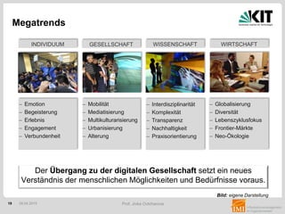 19 Prof. Jivka Ovtcharova
Der Übergang zu der digitalen Gesellschaft setzt ein neues
Verständnis der menschlichen Möglichkeiten und Bedürfnisse voraus.
Megatrends
28.04.2015
 Emotion
 Begeisterung
 Erlebnis
 Engagement
 Verbundenheit
INDIVIDUUM WISSENSCHAFT
 Interdisziplinarität
 Komplexität
 Transparenz
 Nachhaltigkeit
 Praxisorientierung
GESELLSCHAFT
 Mobilität
 Mediatisierung
 Multikulturarisierung
 Urbanisierung
 Alterung
WIRTSCHAFT
 Globalisierung
 Diversität
 Lebenszyklusfokus
 Frontier-Märkte
 Neo-Ökologie
Bild: eigene Darstellung
 