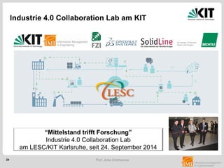 24 Prof. Jivka Ovtcharova
Industry 4.0 Collaboration Lab
Industrie 4.0 Collaboration Lab am KIT
“Mittelstand trifft Forschung”
Industrie 4.0 Collaboration Lab
am LESC/KIT Karlsruhe, seit 24. September 2014
 