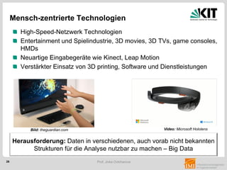 26 Prof. Jivka Ovtcharova
High-Speed-Netzwerk Technologien
Entertainment und Spielindustrie, 3D movies, 3D TVs, game consoles,
HMDs
Neuartige Eingabegeräte wie Kinect, Leap Motion
Verstärkter Einsatz von 3D printing, Software und Dienstleistungen
Mensch-zentrierte Technologien
Herausforderung: Daten in verschiedenen, auch vorab nicht bekannten
Strukturen für die Analyse nutzbar zu machen – Big Data
Bild: theguardian.com Video: Microsoft Hololens
 