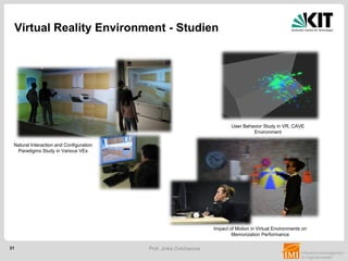 31 Prof. Jivka Ovtcharova
Virtual Reality Environment - Studien
Natural Interaction and Configuration
Paradigms Study in Various VEs
User Behavior Study in VR, CAVE
Environment
Impact of Motion in Virtual Environments on
Memorization Performance
 