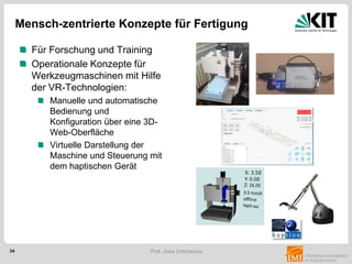 34 Prof. Jivka Ovtcharova
Für Forschung und Training
Operationale Konzepte für
Werkzeugmaschinen mit Hilfe
der VR-Technologien:
Manuelle und automatische
Bedienung und
Konfiguration über eine 3D-
Web-Oberfläche
Virtuelle Darstellung der
Maschine und Steuerung mit
dem haptischen Gerät
Mensch-zentrierte Konzepte für Fertigung
 
