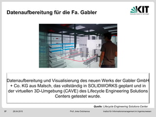 Prof. Jivka Ovtcharova Institut für Informationsmanagement im Ingenieurwesen37 28.04.2015
Datenaufbereitung für die Fa. Gabler
Datenaufbereitung und Visualisierung des neuen Werks der Gabler GmbH
+ Co. KG aus Malsch, das vollständig in SOLIDWORKS geplant und in
der virtuellen 3D-Umgebung (CAVE) des Lifecycle Engineering Solutions
Centers getestet wurde.
Quelle: Lifecycle Engineering Solutions Center
 
