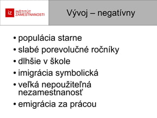 Vývoj – negatívny
populácia starne
● slabé porevolučné ročníky
● dlhšie v škole
● imigrácia symbolická
● veľká nepoužiteľná
nezamestnanosť
● emigrácia za prácou
●

 