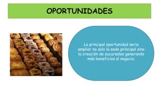 OPORTUNIDADES
La principal oportunidad seria
ampliar no solo la sede principal sino
la creación de sucursales generando
más beneficios al negocio.
 