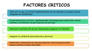FACTORES CRITICOS
Velar por la caja, el correcto apalancamiento de sus ingresos y la mejora de sus
márgenes de rentabilidad.
Proyectarse hacia el futuro, implementando estrategias para desarrollar nuevos
clientes e incrementar su participación de mercado.
Velar por la satisfacción de sus clientes para asegurar su fidelidad.
Asegurar la calidad de sus productos o servicios.
Desarrollo e Innovación de nuevos productos o servicios para atraer
nuevos clientes y nuevos mercados.
 