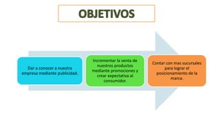 Dar a conocer a nuestra
empresa mediante publicidad.
Incrementar la venta de
nuestros productos
mediante promociones y
crear expectativa al
consumidor.
Contar con mas sucursales
para lograr el
posicionamiento de la
marca.
 