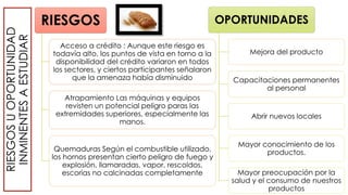 RIESGOSUOPORTUNIDAD
INMINENTESAESTUDIAR RIESGOS
Acceso a crédito : Aunque este riesgo es
todavía alto, los puntos de vista en torno a la
disponibilidad del crédito variaron en todos
los sectores, y ciertos participantes señalaron
que la amenaza había disminuido
Atrapamiento Las máquinas y equipos
revisten un potencial peligro paras las
extremidades superiores, especialmente las
manos.
Quemaduras Según el combustible utilizado,
los hornos presentan cierto peligro de fuego y
explosión, llamaradas, vapor, rescoldos,
escorias no calcinadas completamente
OPORTUNIDADES
Mejora del producto
Capacitaciones permanentes
al personal
Abrir nuevos locales
Mayor conocimiento de los
productos.
Mayor preocupación por la
salud y el consumo de nuestros
productos
 