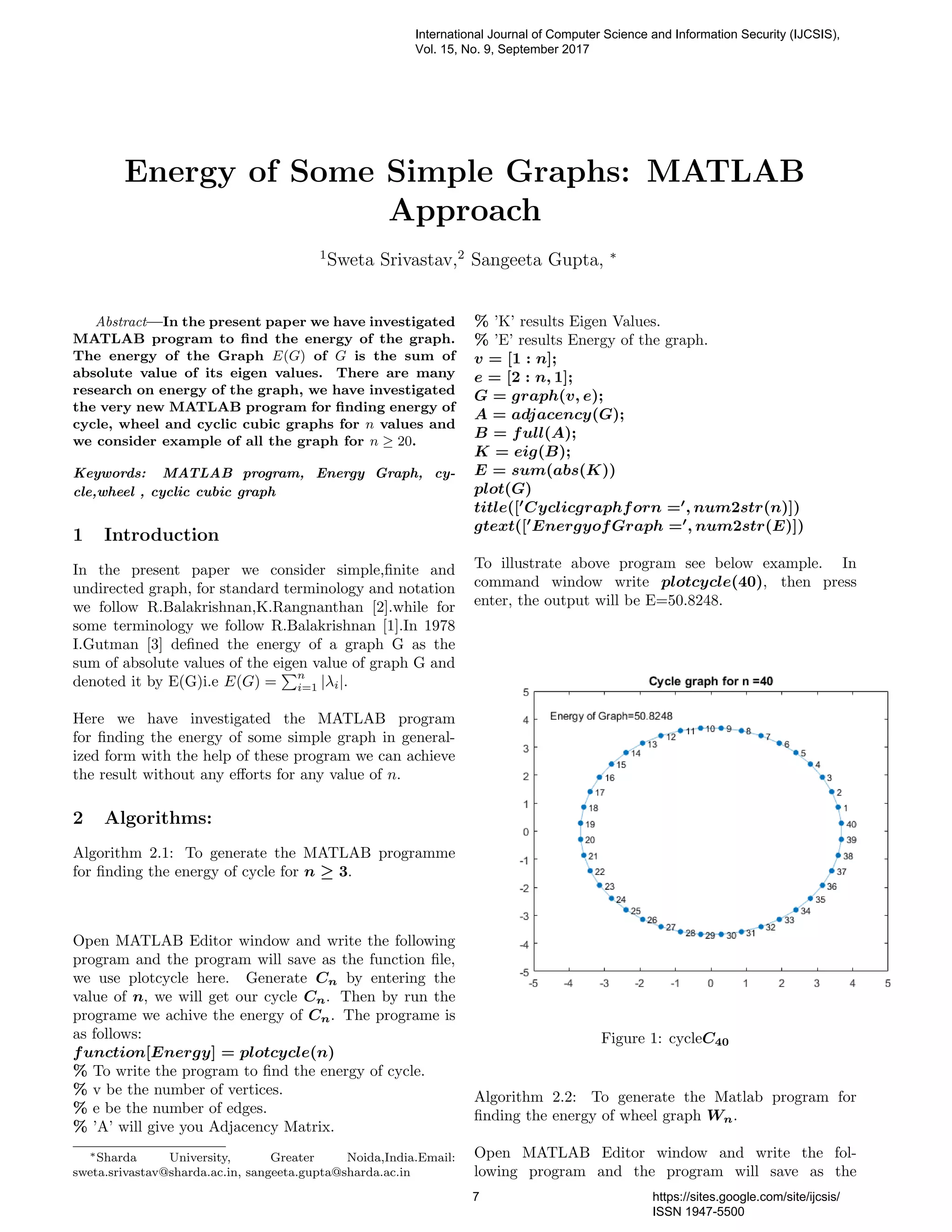 Energy of Some Simple Graphs: MATLAB Approach | PDF