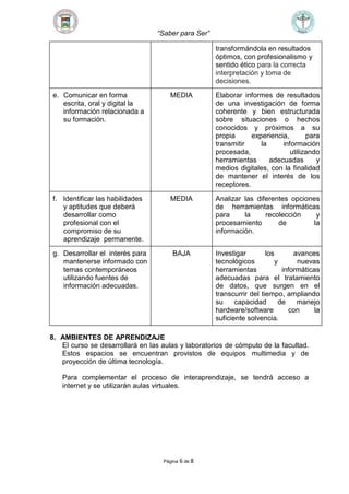 “Saber para Ser”
Página 6 de 8
transformándola en resultados
óptimos, con profesionalismo y
sentido ético para la correcta
interpretación y toma de
decisiones.
e. Comunicar en forma
escrita, oral y digital la
información relacionada a
su formación.
MEDIA Elaborar informes de resultados
de una investigación de forma
coherente y bien estructurada
sobre situaciones o hechos
conocidos y próximos a su
propia experiencia, para
transmitir la información
procesada, utilizando
herramientas adecuadas y
medios digitales, con la finalidad
de mantener el interés de los
receptores.
f. Identificar las habilidades
y aptitudes que deberá
desarrollar como
profesional con el
compromiso de su
aprendizaje permanente.
MEDIA Analizar las diferentes opciones
de herramientas informáticas
para la recolección y
procesamiento de la
información.
g. Desarrollar el interés para
mantenerse informado con
temas contemporáneos
utilizando fuentes de
información adecuadas.
BAJA Investigar los avances
tecnológicos y nuevas
herramientas informáticas
adecuadas para el tratamiento
de datos, que surgen en el
transcurrir del tiempo, ampliando
su capacidad de manejo
hardware/software con la
suficiente solvencia.
8. AMBIENTES DE APRENDIZAJE
El curso se desarrollará en las aulas y laboratorios de cómputo de la facultad.
Estos espacios se encuentran provistos de equipos multimedia y de
proyección de última tecnología.
Para complementar el proceso de interaprendizaje, se tendrá acceso a
internet y se utilizarán aulas virtuales.
 