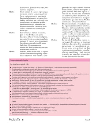 Los varones, plantean “no las odio, pero                                    prenderlo. El esposo además de tener
                   tampoco megustan”.                                                          buen carácter, debe ser buen padre y
12 años            Cierto número de varones expresan que                                       ganar bastante, debe tener algo de co-
                   no desean casarse. La esposa debe ser                                       mún con ella. Muchas niñas tienen fama
                   buena cocinera y que no sea coqueta.                                        de estar locas por los muchachos, opi-
                   Las muchachas quieren un esposo bon -                                       nan que son maravillosos. Es excepcio-
                   dadoso, inteligente, que ayude en la casa                                   nal el varón que tiene novia. Muchos
                   y que la quiera, se muestran atraídas y                                     comienzan a salir con muchachas.
                   hasta entusiastas por los muchachos.                    15 años             Hacen comentarios sobre el cónyuge.
                   El entusiasmo de los varones no es ex-                                      La esposa además debe ser amistosa.
                   cesivo “la he buscado nada más por                                          El esposo debe tener además, sentido
                   hacer algo”.                                                                del humor. Y ser alguien con quien po-
13 años            Los varones ya piensan en casarse,                                          der discutir los problemas de la vida.
                                                                                               Ambos ya salen con los del sexo opues-
                   pero no han decidido con quien.
                                                                                               to. Las muchachas prefieren a los mu-
                   La esposa debe ser bonita, inteligente,
                                                                                               chachos de mayor edad.
                   que cuide bien la casa y que tenga buen
                                                                           16 años             La mayoría de las hembras planean ca-
                   carácter. El esposo, apuesto, que gane
                                                                                               sarse, pero los varones se muestran
                   buen dinero, educado, amable y que                                          indecisos. La esposa debe ser además
                   baile bien. Algunas salen con                                               perseverante y el esposo digno de con-
                   muchachos. Los varones declaran que                                         fianza y que sepa a dónde va. Las
                   no tienen novia todavía.                                                    relaciones entre muchachos y mucha-
14 años            Se habla menos de los hijos, la esposa                                      chas son superficiales y nada más por
                   además de bonita inteligente y econó-                                       tener algo que hacer. Los varones sien-
                   mica debe tener buen carácter y com-                                        ten que las relaciones los atan.

 Orientaciones a la familia

 Los dos primeros años de vida

 • El bebé necesita el cuidado de su madre – ser atendido y cuidado por ella – especialmente a la hora de alimentarlo.
 • El recién nacido necesita varias horas de actividad succionadora al día.
     Ser llevado en brazos a menudo para que se desarrolle en él el equilibrio y la sensación de seguridad.
 • La pronta atención al bebé cuando llora, desarrolla su sentido de confianza.
     El canto, el balanceo, el golpeteo rítmico y el mecimiento del bebé en brazos cuando parece demasiado despierto le ayudará a dormirse.
 • El niño necesita demostraciones abiertas de cariño, ya que siendo amado aprenderá a amar.
     Conviene dejarlo que coma solo cuando se muestre interesado en hacerlo – aunque el resultado sea una mezcolanza-.
 •   Asegúrese de que el bebé disponga de espacio y oportunidad para sus movimientos de expansión y exploración.
 •   Sus primeros juguetes deberán ser tales que satisfagan su necesidad de manipular, golpear, chupar, arrojar...
 •   La compañía y juego con los padres son importantes para todo niño.
 •   El niño necesita actitudes paternas positivas. Por ejemplo, no muestre disgusto cuando se ensucia.
 •   Con una bacinilla apropiada el niño aprenderá a valerse por sí mismo cuando tenga que hacer sus necesidades.
 •   Necesita que sus padres se percaten de que no es un adulto pequeño.
     Un niño necesita desarrollarse a su propio ritmo y ser apreciado, no rechazado.
     Necesita una madre tranquila y responsable que se trace un plan de descanso y recreo para sí y su bebé.
 •   Es importante una atmósfera armoniosa en el hogar; las tensiones angustian al niño.
     Necesita tanta libertad como requiera su sensibilidad; no ser acorralado con sistemáticas negativas.
 •   Afirmándose a sí mismo adquiere la sensación de individualidad.
 •   Necesita sentirse miembro de un grupo familiar
 •   Necesita acostumbrarse a considerar todas las partes de su cuerpo como igualmente buenas y aceptables.

     3 años

 •   Se muestra alegre y ruidoso cuando se despierta en la mañana. Le gusta brincar por la habitación de sus padres y bañarse con ellos.
 •   Come solo con bastante habilidad.
 •   Ayudará a quitar la mesa y a limpiar su habitación, si se le pide que lo haga.
 •   A veces inventa compañeros de juego o pretende ser un animal.
 •   En algunos momentos fastidia a sus hermanos y también se lleva bien con ellos.
     Aprende a montar en triciclo. Le gusta ir de compras con mamá.
 •   Reclama ciertos alimentos favoritos.



                       84                                                                                                            Tomo I
 