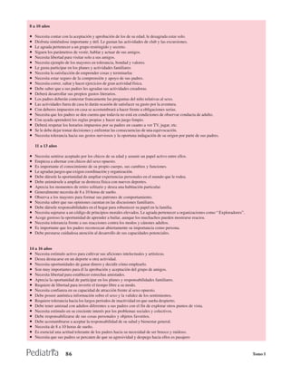 8 a 10 años

•   Necesita contar con la aceptación y aprobación de los de su edad; le desagrada estar solo.
•   Disfruta sintiéndose importante y útil. Le gustan las actividades de club y las excursiones.
•   Le agrada pertenecer a un grupo restringido y secreto.
•   Siguen los parámetros de vestir, hablar y actuar de sus amigos.
•   Necesita libertad para visitar solo a sus amigos.
•   Necesita ejemplo de los mayores en tolerancia, bondad y valores.
•   Le gusta participar en los planes y actividades familiares
•   Necesita la satisfacción de emprender cosas y terminarlas
•   Necesita estar seguro de la comprensión y apoyo de sus padres.
•   Necesita correr, saltar y hacer ejercicios de gran actividad física.
•   Debe saber que a sus padres les agradan sus actividades creadoras.
•   Deberá desarrollar sus propios gustos literarios.
•   Los padres deberán contestar francamente las preguntas del niño relativas al sexo.
•   Las actividades fuera de casa le darán ocasión de satisfacer su gusto por la aventura.
•   Con deberes impuestos en casa se acostumbrará a hacer frente a obligaciones serias.
•   Necesita que los padres se den cuenta que todavía no está en condiciones de observar conducta de adulto.
•   Con ayuda aprenderá los reglas propias y hacer un juego limpio.
•   Deberá respetar los horarios impuestos por su padres en cuanto a ver TV, jugar, etc.
•   Se le debe dejar tomar decisiones y enfrentar las consecuencias de una equivocación.
•   Necesita tolerancia hacia sus gestos nerviosos y la oportuna indagación de su origen por parte de sus padres.

    11 a 13 años

•   Necesita sentirse aceptado por los chicos de su edad y asumir un papel activo entre ellos.
•   Empieza a alternar con chicos del sexo opuesto.
•   Es importante el conocimiento de su propio cuerpo, sus cambios y funciones.
•   Le agradan juegos que exigen coordinación y organización.
•   Debe dársele la oportunidad de ampliar experiencias personales en el mundo que le rodea.
•   Debe animársele a ampliar su destreza física con nuevos deportes.
•   Aprecia los momentos de retiro solitario y desea una habitación particular.
•   Generalmente necesita de 8 a 10 horas de sueño.
•   Observa a los mayores para formar sus patrones de comportamiento.
•   Necesita saber que sus opiniones cuentan en las discusiones familiares.
•   Debe dársele responsabilidades en el hogar para robustecer su papel en la familia.
•   Necesita sujetarse a un código de principios morales elevados. Le agrada pertenecer a organizaciones como “ Exploradores”.
•   Acoge gustoso la oportunidad de aprender a bailar, aunque los muchachos pueden mostrarse reacios.
•   Necesita tolerancia frente a sus reacciones contra los modos y cánones adultos.
•   Es importante que los padres reconozcan abiertamente su importancia como persona.
•   Debe prestarse cuidadosa atención al desarrollo de sus capacidades potenciales.


14 a 16 años
•  Necesita estímulo activo para cultivar sus aficiones intelectuales y artísticas.
•  Desea destacarse en un deporte u otra actividad.
•  Necesita oportunidades de ganar dinero y decidir cómo emplearlo.
•  Son muy importantes para él la aprobación y aceptación del grupo de amigos.
•  Necesita libertad para establecer estrechas amistades.
•  Aprecia la oportunidad de participar en los planes y responsabilidades familiares.
•  Requiere de libertad para invertir el tiempo libre a su modo.
•  Necesita confianza en su capacidad de atracción frente al sexo opuesto.
•  Debe poseer auténtica información sobre el sexo y la validez de los sentimientos.
•  Requiere tolerancia hacia los largos períodos de inactividad en que sueña despierto.
•  Debe tener amistad con adultos diferentes a sus padres con el fin de explorar otros puntos de vista.
•  Necesita estímulo en su creciente interés por los problemas sociales y colectivos.
•  Debe responsabilizarse de sus cosas personales y objetos favoritos.
•  Debe acostumbrarse a aceptar la responsabilidad de su salud y bienestar general.
•  Necesita de 8 a 10 horas de sueño.
•  Es esencial una actitud tolerante de los padres hacia su necesidad de ser brusco y ruidoso.
•  Necesita que sus padres se percaten de que su agresividad y despego hacia ellos es pasajero



                      86                                                                                                         Tomo I
 