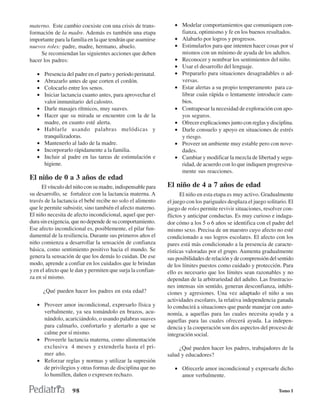 materno. Este cambio coexiste con una crisis de trans-           • Modelar comportamientos que comuniquen con-
formación de la madre. Además es también una etapa                 fianza, optimismo y fe en los buenos resultados.
importante para la familia en la que tendrán que asumirse        • Alabarlo por logros y progresos.
nuevos roles: padre, madre, hermano, abuelo.                     • Estimularlos para que intenten hacer cosas por sí
     Se recomiendan las siguientes acciones que deben              mismos con un mínimo de ayuda de los adultos.
hacer los padres:                                                • Reconocer y nombrar los sentimientos del niño.
                                                                 • Usar el desarrollo del lenguaje.
   •   Presencia del padre en el parto y período perinatal.      • Prepararlo para situaciones desagradables o ad-
   •   Abrazarlo antes de que corten el cordón.                    versas.
   •   Colocarlo entre los senos.                                • Estar alertas a su propio temperamento para ca-
   •   Iniciar lactancia cuanto antes, para aprovechar el          librar cuán rápida o lentamente introducir cam-
       valor inmunitario del calostro.                             bios.
   •   Darle masajes rítmicos, muy suaves.                       • Contrapesar la necesidad de exploración con apo-
   •   Hacer que su mirada se encuentre con la de la               yos seguros.
       madre, en cuanto esté alerta.                             • Ofrecer explicaciones junto con reglas y disciplina.
   •   Hablarle usando palabras melódicas y                      • Darle consuelo y apoyo en situaciones de estrés
       tranquilizadoras.                                           y riesgo.
   •   Mantenerlo al lado de la madre.                           • Proveer un ambiente muy estable pero con nove-
   •   Incorporarlo rápidamente a la familia.                      dades.
   •   Incluir al padre en las tareas de estimulación e          • Cambiar y modificar la mezcla de libertad y segu-
       higiene.                                                    ridad, de acuerdo con lo que indiquen progresiva-
                                                                   mente sus reacciones.
El niño de 0 a 3 años de edad
      El vínculo del niño con su madre, indispensable para    El niño de 4 a 7 años de edad
su desarrollo, se fortalece con la lactancia materna. A             El niño en esta etapa es muy activo. Gradualmente
través de la lactancia el bebé recibe no solo el alimento     el juego con los pariguales desplaza el juego solitario. El
que le permite subsistir, sino también el afecto materno.     juego de roles permite revivir situaciones, resolver con-
El niño necesita de afecto incondicional, aquel que per-      flictos y anticipar conductas. Es muy curioso e indaga-
dura sin exigencia, que no depende de su comportamiento.      dor cómo a los 5 o 6 años se identifica con el padre del
Ese afecto incondicional es, posiblemente, el pilar fun-      mismo sexo. Precisa de un maestro cuyo afecto no esté
damental de la resiliencia. Durante sus primeros años el      condicionado a sus logros escolares. El afecto con los
niño comienza a desarrollar la sensación de confianza         pares está más condicionado a la presencia de caracte-
básica, como sentimiento positivo hacia el mundo. Se          rísticas valoradas por el grupo. Aumenta gradualmente
genera la sensación de que los demás lo cuidan. De ese        sus posibilidades de relación y de comprensión del sentido
modo, aprende a confiar en los cuidados que le brindan        de los límites puestos como cuidado y protección. Para
y en el afecto que le dan y permiten que surja la confian-    ello es necesario que los límites sean razonables y no
za en sí mismo.                                               dependan de la arbitrariedad del adulto. Las frustracio-
                                                              nes intensas sin sentido, generan desconfianza, inhibi-
       ¿Qué pueden hacer los padres en esta edad?             ciones y agresiones. Una vez adaptado el niño a sus
                                                              actividades escolares, la relativa independencia ganada
   • Proveer amor incondicional, expresarlo física y          lo conducirá a situaciones que puede manejar con auto-
     verbalmente, ya sea tomándolo en brazos, acu-            nomía, a aquellas para las cuales necesita ayuda y a
     nándolo, acariciándolo, o usando palabras suaves         aquellas para las cuales ofrecerá ayuda. La indepen-
     para calmarlo, confortarlo y alertarlo a que se          dencia y la cooperación son dos aspectos del proceso de
     calme por sí mismo.                                      integración social.
   • Proveerle lactancia materna, como alimentación
     exclusiva 4 meses y extenderla hasta el pri-                  ¿Qué pueden hacer los padres, trabajadores de la
     mer año.                                                 salud y educadores?
   • Reforzar reglas y normas y utilizar la supresión
     de privilegios y otras formas de disciplina que no          • Ofrecerle amor incondicional y expresarle dicho
     lo humillen, dañen o expresen rechazo.                        amor verbalmente.

                    98                                                                                            Tomo I
 