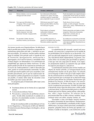 Cuadro 13.1. Evolución y pronóstico del retraso mental

  Nivel       Preescolar                              Escolar y adolescente                    Adulto

 Leve        Retraso mínimo a veces no se puede       Se evidencian las dificultades.          Puede desempeñar una ocupación de poca
             distinguir del niño normal               Alcanzan el 6° grado. Necesitan          complejidad. Puede formar una familia.
                                                      enseñanza especial. Incapacidad          Necesita apoyo cuando está sometido a
                                                      para comprender lo que es esencial.      presiones.

  Moderado   Ya se aprecian dificultades en           Difícilmente pasan del 2° grado.         Puede desenvolverse en tareas
             el lenguaje. Debe ser supervisado        Puede aprender hábitos sencillos.        simples, en taller protegido. Necesitan
             en todas sus actividades.                Necesitan que los guíen.                 supervisión y apoyo. Habitualmente no
                                                                                               forman familia.

  Grave      Sus relaciones se limitan a la           Puede adquirir un lenguaje               Pudiera desarrollar actividades en taller
             familia solamente. Actividad             rudimentario.Validismo                   terapeútico. Relaciones elementales.
             intelectual limitada. Lenguaje tardío.   incompleto. Control cuidadoso            Supervisión constante pues su
                                                      por la familia.                          autoprotección es mínima

  Profundo   No aprenden a hablar. Presenta           No es posible entrenarlo, ni             Su conducta no se encuentra socializada.
             trastornos motores con frecuencia        siquiera en los hábitos más sencillos.   Ocasionalmente agresivos. A veces arti-
                                                      Necesitan cuidados especiales.           culan algunas palabras. Necesitan de cus-
                                                                                               todia constante.

Así mismo sucede con el hipotiroidismo. Se debe hacer               REHABILITACIÓN
todo lo posible para ayudar a la familia a comprender los                  La rehabilitación del retrasado mental está enca-
sentimientos particulares del niño y satisfacer sus pro-            minada a la corrección y comprensión (en la medida de
pias necesidades. Al comienzo, muchos padres intentan               las posibilidades) de los defectos en su desarrollo, a lo-
negar la realidad. Este período suele ir seguido de otro            grar una adecuada adaptación social, a prepararlos para
de frustración, desorganización, autoacusación e                    una vida laboral adulta independiente, en general, a ha-
interrogantes, en el cual los temores y ansiedades sobre            cerlos útiles a la sociedad, para que brinden su aporte y
el futuro llegan a ser abrumadores. Los sentimientos de             evitar que sean una carga para los demás. A los aspec-
culpabilidad que aparezcan deben resolverse. El niño                tos propiamente médicos ya expuestos hay que añadir
puede quedar privado de las experiencias normales por               los aspectos psicológicos y educativos.
el exceso de condescendencia o, dado el descuido que                       La estimulación sensorial como son las visuales con
sufre, puede ser insuficientemente estimulado. Se debe              objetos de mucho colorido y el enriquecimiento de las
recordar que muchos padres solo oyen, recuerdan y com-              estimulaciones táctiles son de gran efecto. En relación
prenden parcialmente, por lo que las explicaciones de-              con el lenguaje se debe evitar que el niño emplee méto-
ben repetirse a ambos progenitores en conjunto. Cuando              dos de comunicación no socializados. Es muy importan-
sea posible, el médico debe tratar de encontrar cosas               te que la persona que se encargue de su educación tenga
favorables que decir acerca del niño.                               paciencia para atenuar las constantes frustraciones que
      Un programa para el tratamiento debe tener como               producen los fracasos, la falta de interés o las reaccio-
notas principales:                                                  nes catastróficas. De forma similar, hay que proceder
                                                                    con la coordinación psicomotora. Se debe recordar que
   • Enseñanza dentro de los límites de su capacidad                el desarrollo motor sigue dos direcciones: céfalo caudal
     mental.                                                        y próximo distal. La psicomotricidad gruesa se debe es-
   • Corrección de defectos físicos.                                timular para asir los objetos, patear pelotas, saltar pelda-
   • Prevención y corrección de problemas emocio-                   ños, subir y bajar escaleras. En relación con la
     nales. Al niño debe enseñársele el cuidado de su               psicomotricidad fina se debe colorear, modelar, rasgar,
     persona y las amenidades sociales. La enseñanza                construir torres con cubos, ensartar cuentas, etc.
     debe ser específica.                                                  Vinculados a estas actividades motoras tenemos
                                                                    los hábitos elementales de autovalidismo. Paulatinamen-
      El tipo de enseñanza debe ser decidido por el Cen-            te, se debe ir acostumbrando y enseñando al niño a lograr
tro de Diagnóstico y Orientación (CDO) del MINED.                   inhibiciones y un mejor control emocional, enseñándolo a
El tratamiento psicofarmacológico irá dirigido a aliviar            posponer pequeños deseos de forma que aprenda a re-
los síntomas.                                                       frenarse. Cuando se incorpora a una institución escolar

 Parte III. Salud mental                                                                                      117
 