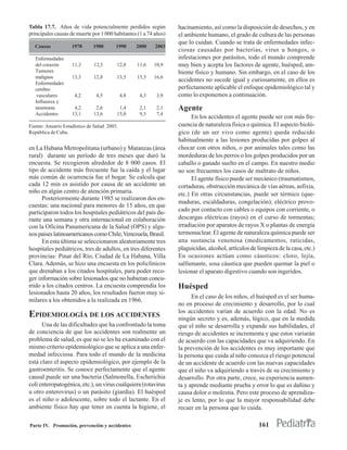 Tabla 17.7. Años de vida potencialmente perdidos según            hacinamiento, así como la disposición de desechos, y en
principales causas de muerte por 1 000 habitantes (1 a 74 años)   el ambiente humano, el grado de cultura de las personas
                                                                  que lo cuidan. Cuando se trata de enfermedades infec-
   Causas           1970       1980       1990      2000   2003
                                                                  ciosas causadas por bacterias, virus u hongos, o
   Enfermedades                                                   infestaciones por parásitos, todo el mundo comprende
   del corazón      11,3       12,3       12,8      11,6   10,9   muy bien y acepta los factores de agente, huésped, am-
   Tumores                                                        biente físico y humano. Sin embargo, en el caso de los
   malignos         13,3       12,8       13,5      15,5   16,6
                                                                  accidentes no sucede igual y curiosamente, en ellos es
   Enfermedades
   cerebro                                                        perfectamente aplicable el enfoque epidemiológico tal y
    vasculares        4,2       4,5           4,8    4,3    3,9   como lo exponemos a continuación.
   Influenza y
   neumonía          4,2        2,6        1,4       2,1    2,1   Agente
   Accidentes       13,1       13,6       15,0       9,3    7,4
                                                                        En los accidentes el agente puede ser con más fre-
Fuente: Anuario Estadístico de Salud. 2003.                       cuencia de naturaleza física o química. El aspecto bioló-
República de Cuba.                                                gico (de un ser vivo como agente) queda reducido
                                                                  habitualmente a las lesiones producidas por golpes al
en La Habana Metropolitana (urbano) y Matanzas (área              chocar con otros niños, o por animales tales como las
rural) durante un período de tres meses que duró la               mordeduras de los perros o los golpes producidos por un
encuesta. Se recogieron alrededor de 8 000 casos. El              caballo o ganado suelto en el campo. En nuestro medio
tipo de accidente más frecuente fue la caída y el lugar           no son frecuentes los casos de maltrato de niños.
más común de ocurrencia fue el hogar. Se calcula que                    El agente físico puede ser mecánico (traumatismos,
cada 12 min es asistido por causa de un accidente un              cortaduras, obstrucción mecánica de vías aéreas, asfixia,
niño en algún centro de atención primaria.                        etc.) En otras circunstancias, puede ser térmico (que-
      Posteriormente durante 1985 se realizaron dos en-
                                                                  maduras, escaldaduras, congelación); eléctrico provo-
cuestas: una nacional para menores de 15 años, en que
participaron todos los hospitales pediátricos del país du-        cado por contacto con cables o equipos con corriente, o
rante una semana y otra internacional en colaboración             descargas eléctricas (rayos) en el curso de tormentas;
con la Oficina Panamericana de la Salud (OPS) y algu-             irradiación por aparatos de rayos X o plantas de energía
nos países latinoamericanos como Chile, Venezuela, Brasil.        termonuclear. El agente de naturaleza química puede ser
      En esta última se seleccionaron aleatoriamente tres         una sustancia venenosa (medicamentos, raticidas,
hospitales pediátricos, tres de adultos, en tres diferentes       plaguicidas, alcohol, artículos de limpieza de la casa, etc.)
provincias: Pinar del Río, Ciudad de La Habana, Villa             En ocasiones actúan como cáusticos: cloro, lejía,
Clara. Además, se hizo una encuesta en los policlínicos           salfumante, sosa cáustica que pueden quemar la piel o
que drenaban a los citados hospitales, para poder reco-           lesionar el aparato digestivo cuando son ingeridos.
ger información sobre lesionados que no hubieran concu-
rrido a los citados centros. La encuesta comprendía los           Huésped
lesionados hasta 20 años, los resultados fueron muy si-
                                                                        En el caso de los niños, el huésped es el ser huma-
milares a los obtenidos a la realizada en 1966.
                                                                  no en proceso de crecimiento y desarrollo, por lo cual
                                                                  los accidentes varían de acuerdo con la edad. No es
EPIDEMIOLOGÍA DE LOS ACCIDENTES                                   ningún secreto y es, además, lógico, que en la medida
      Una de las dificultades que ha confrontado la toma          que el niño se desarrolla y expande sus habilidades, el
de conciencia de que los accidentes son realmente un              riesgo de accidentes se incrementa y que estos variarán
problema de salud, es que no se les ha examinado con el           de acuerdo con las capacidades que va adquiriendo. En
mismo criterio epidemiológico que se aplica a una enfer-          la prevención de los accidentes es muy importante que
medad infecciosa. Para todo el mundo de la medicina               la persona que cuida al niño conozca el riesgo potencial
está claro el aspecto epidemiológico, por ejemplo de la           de un accidente de acuerdo con las nuevas capacidades
gastroenteritis. Se conoce perfectamente que el agente            que el niño va adquiriendo a través de su crecimiento y
causal puede ser una bacteria (Salmonella, Escherichia            desarrollo. Por otra parte, crece, su experiencia aumen-
coli enteropatogénica, etc.), un virus cualquiera (rotavirus      ta y aprende mediante prueba y error lo que es dañino y
u otro enterovirus) o un parásito (giardia). El huésped           causa dolor o molestia. Pero este proceso de aprendiza-
es el niño o adolescente, sobre todo el lactante. En el           je es lento, por lo que la mayor responsabilidad debe
ambiente físico hay que tener en cuenta la higiene, el            recaer en la persona que lo cuida.

Parte IV. Promoción, prevención y accidentes                                                         161
 