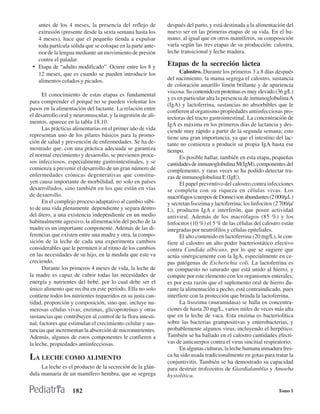 antes de los 4 meses, la presencia del reflejo de         después del parto, y está destinada a la alimentación del
   extrusión (presente desde la sexta semana hasta los       nuevo ser en las primeras etapas de su vida. En el hu-
   4 meses), hace que el pequeño tienda a expulsar           mano, al igual que en otros mamíferos, su composición
   toda partícula sólida que se coloque en la parte ante-    varía según las tres etapas de su producción: calostra,
   rior de la lengua mediante un movimiento de presión       leche transicional y leche madura.
   contra el paladar.
 • Etapa de “adulto modificado”. Ocurre entre los 8 y        Etapas de la secreción láctea
   12 meses, que es cuando se pueden introducir los                Calostro. Durante los primeros 3 a 8 días después
   alimentos colados y picados.                              del nacimiento, la mama segrega el calostro, sustancia
                                                             de coloración amarillo limón brillante y de apariencia
                                                             viscosa. Su contenido en proteínas es muy elevado (36 g/L)
      El conocimiento de estas etapas es fundamental
                                                             y es en particular alta la presencia de inmunoglobulina A
para comprender el porqué no se pueden violentar los
                                                             (IgA) y lactoferrina, sustancias no absorbibles que le
pasos en la alimentación del lactante. La relación entre     confieren al organismo propiedades antiinfecciosas pro-
el desarrollo oral y neuromuscular, y la ingestión de ali-   tectoras del tracto gastrointestinal. La concentración de
mentos, aparece en la tabla 18.10.                           IgA es máxima en los primeros días de lactancia y des-
      Las prácticas alimentarias en el primer año de vida    ciende muy rápido a partir de la segunda semana; esto
representan uno de los pilares básicos para la promo-        tiene una gran importancia, ya que el intestino del lac-
ción de salud y prevención de enfermedades. Se ha de-        tante no comienza a producir su propia IgA hasta ese
mostrado que, con una práctica adecuada se garantiza         tiempo.
el normal crecimiento y desarrollo, se previenen proce-            Es posible hallar, también en esta etapa, pequeñas
sos infecciosos, especialmente gastrointestinales, y se      cantidades de inmunoglobulina M(IgM), componentes del
comienza a prevenir el desarrollo de un gran número de       complemento, y raras veces se ha podido detectar tra-
enfermedades crónicas degenerativas que constitu-            zas de inmunoglobulina E (IgE).
yen causa importante de morbilidad, no solo en países              El papel preventivo del calostro contra infecciones
desarrollados, sino también en los que están en vías         se completa con su riqueza en células vivas. Los
de desarrollo.                                               macrófagos (cuerpos de Donne) son abundantes (2 000/µL)
      En el complejo proceso adaptativo al cambio súbi-      y secretan lisozima y lactoferrina; los linfocitos (2 700/µ/
to de una vida plenamente dependiente y segura dentro        L), producen IgA e interferón, que posee actividad
del útero, a una existencia independiente en un medio        antiviral. Además de los macrófagos (85 %) y los
habitualmente agresivo, la alimentación del pecho de la      linfocitos (10 %) el 5 % de las células del calostro están
madre es un importante componente. Además de las di-         integradas por neutrófilos y células epiteliales.
ferencias que existen entre una madre y otra, la compo-            El alto contenido en lactoferrina (20 mg/L), le con-
sición de la leche de cada una experimenta cambios           fiere al calostro un alto poder bacteriostático efectivo
considerables que le permiten ir al ritmo de los cambios     contra Candida albicans, por lo que se sugiere que
en las necesidades de su hijo, en la medida que este va      actúa sinérgicamente con la IgA, especialmente en ce-
creciendo.                                                   pas patógenas de Escherichia coli. La lactoferrina es
      Durante los primeros 4 meses de vida, la leche de      un compuesto no saturado que está unido al hierro, y
la madre es capaz de cubrir todas las necesidades de         compite por este elemento con los organismos enterales;
energía y nutrientes del bebé, por lo cual debe ser el       es por esta razón que el suplemento oral de hierro du-
único alimento que reciba en este período. Ella no solo      rante la alimentación a pecho, está contraindicado, pues
contiene todos los nutrientes requeridos en su justa can-    interfiere con la protección que brinda la lactoferrina.
tidad, proporción y composición, sino que. incluye nu-             La lisozima (muramidasa) se halla en concentra-
merosas células vivas, enzimas, glicoproteínas y otras       ciones de hasta 20 mg/L, varios miles de veces más alta
sustancias que contribuyen al control de la flora intesti-   que en la leche de vaca. Esta enzima es bacteriolítica
nal, factores que estimulan el crecimiento celular y sus-    sobre las bacterias grampositivas y enterobacterias, y
tancias que incrementan la absorción de micronutrientes.     probablemente algunos virus, incluyendo el herpético.
Además, algunos de estos componentes le confieren a          También se ha hallado en el calostro cantidades efecti-
la leche, propiedades antiinfecciosas.                       vas de anticuerpos contra el virus sincitial respiratorio.
                                                                   En algunas culturas, la leche humana inmadura fres-
                                                             ca ha sido usada tradicionalmente en gotas para tratar la
LA LECHE COMO ALIMENTO                                       conjuntivitis. También se ha demostrado su capacidad
     La leche es el producto de la secreción de la glán-     para destruir trofozoitos de Giardialamblia y Amoeba
dula mamaria de un mamífero hembra, que se segrega           hystolítica.

                   182                                                                                           Tomo I
 