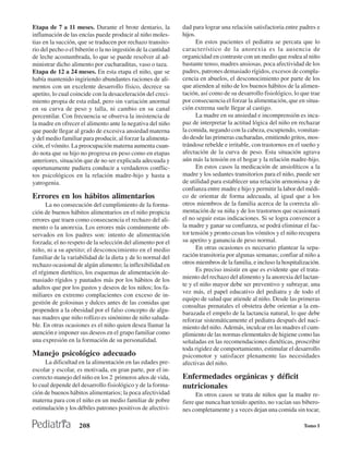 Etapa de 7 a 11 meses. Durante el brote dentario, la          dad para lograr una relación satisfactoria entre padres e
inflamación de las encías puede producir al niño moles-       hijos.
tias en la succión, que se traducen por rechazo transito-            En estos pacientes el pediatra se percata que lo
rio del pecho o el biberón o la no ingestión de la cantidad   característico de la anorexia es la ausencia de
de leche acostumbrada, lo que se puede resolver al ad-        organicidad en contraste con un medio que rodea al niño
ministrar dicho alimento por cucharaditas, vaso o taza.       bastante tenso, madres ansiosas, poca afectividad de los
Etapa de 12 a 24 meses. En esta etapa el niño, que se         padres, patrones demasiado rígidos, excesos de compla-
había mantenido ingiriendo abundantes raciones de ali-        cencia en abuelos, el desconocimiento por parte de los
mentos con un excelente desarrollo físico, decrece su         que atienden al niño de los buenos hábitos de la alimen-
apetito, lo cual coincide con la desaceleración del creci-    tación, así como de su desarrollo fisiológico, lo que trae
miento propia de esta edad, pero sin variación anormal        por consecuencia el forzar la alimentación, que en situa-
en su curva de peso y talla, ni cambio en su canal            ción extrema suele llegar al castigo.
percentilar. Con frecuencia se observa la insistencia de             La madre en su ansiedad e incomprensión es inca-
la madre en ofrecer el alimento ante la negativa del niño     paz de interpretar la actitud lógica del niño en rechazar
que puede llegar al grado de excesiva ansiedad materna        la comida, negando con la cabeza, escupiendo, vomitan-
y del medio familiar para producir, al forzar la alimenta-    do desde las primeras cucharadas, emitiendo gritos, mos-
ción, el vómito. La preocupación materna aumenta cuan-        trándose rebelde e irritable, con trastornos en el sueño y
do nota que su hijo no progresa en peso como en etapas        afectación de la curva de peso. Esta situación agrava
anteriores, situación que de no ser explicada adecuada y      aún más la tensión en el hogar y la relación madre-hijo.
oportunamente pudiera conducir a verdaderos conflic-                 En estos casos la medicación de ansiolíticos a la
tos psicológicos en la relación madre-hijo y hasta a          madre y los sedantes transitorios para el niño, puede ser
yatrogenia.                                                   de utilidad para establecer una relación armoniosa y de
                                                              confianza entre madre e hijo y permitir la labor del médi-
Errores en los hábitos alimentarios                           co de orientar de forma adecuada, al igual que a los
      La no consecución del cumplimiento de la forma-         otros miembros de la familia acerca de la correcta ali-
ción de buenos hábitos alimentarios en el niño propicia       mentación de su niña y de los trastornos que ocasionará
errores que traen como consecuencia el rechazo del ali-       el no seguir estas indicaciones. Si se logra convencer a
mento o la anorexia. Los errores más comúnmente ob-           la madre y ganar su confianza, se podrá eliminar el fac-
servados en los padres son: intento de alimentación           tor tensión y pronto cesan los vómitos y el niño recupera
forzada; el no respeto de la selección del alimento por el    su apetito y ganancia de peso normal.
niño, ni a su apetito; el desconocimiento en el medio                En otras ocasiones es necesario plantear la sepa-
familiar de la variabilidad de la dieta y de lo normal del    ración transitoria por algunas semanas; confiar al niño a
rechazo ocasional de algún alimento; la inflexibilidad en     otros miembros de la familia, e incluso la hospitalización.
el régimen dietético, los esquemas de alimentación de-               Es preciso insistir en que es evidente que el trata-
masiado rígidos y pautados más por los hábitos de los         miento del rechazo del alimento y la anorexia del lactan-
                                                              te y el niño mayor debe ser preventivo y subrayar, una
adultos que por los gustos y deseos de los niños; los fa-
                                                              vez más, el papel educativo del pediatra y de todo el
miliares en extremo complacientes con exceso de in-
                                                              equipo de salud que atiende al niño. Desde las primeras
gestión de golosinas y dulces antes de las comidas que
                                                              consultas prenatales el obstetra debe orientar a la em-
propenden a la obesidad por el falso concepto de algu-        barazada el empelo de la lactancia natural, lo que debe
nas madres que niño rollizo es sinónimo de niño saluda-       reforzar sistemáticamente el pediatra después del naci-
ble. En otras ocasiones es el niño quien desea llamar la      miento del niño. Además, inculcar en las madres el cum-
atención e imponer sus deseos en el grupo familiar como       plimiento de las normas elementales de higiene como las
una expresión en la formación de su personalidad.             señaladas en las recomendaciones dietéticas, proscribir
                                                              toda rigidez de comportamiento, estimular el desarrollo
Manejo psicológico adecuado                                   psicomotor y satisfacer plenamente las necesidades
     La dificultad en la alimentación en las edades pre-      afectivas del niño.
escolar y escolar, es motivada, en gran parte, por el in-
correcto manejo del niño en los 2 primeros años de vida,      Enfermedades orgánicas y déficit
lo cual depende del desarrollo fisiológico y de la forma-     nutricionales
ción de buenos hábitos alimentarios; la poca afectividad            En otros casos se trata de niños que la madre re-
materna para con el niño en un medio familiar de pobre        fiere que nunca han tenido apetito, no vacían sus bibero-
estimulación y los débiles patrones positivos de afectivi-    nes completamente y a veces dejan una comida sin tocar,

                    208                                                                                           Tomo I
 