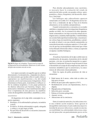 Para abordar adecuadamente estas cuestiones,
                                                             es necesario hacer la evaluación del estado de
                                                             nutrictón del niño acorde con grandes esferas: antro-
                                                             pométrica, clínica, bioquímica, del desarrollo, dieté-
                                                             tica y funcional.
                                                                   Los hallazgos más sobresalientes aparecen
                                                             sumarizados en la tabla 24.3. El diagnóstico de las for-
                                                             mas leves y moderadas de dpe se basa en la historia
                                                             alimentaria y en las medidas antropométricas.
                                                                   Cuando la desnutrición se encuentra en su estadio
                                                             subclínico o marginal ciertas investigaciones bioquímicas
                                                             pueden ser útiles. Así, la existencia de niños aparente-
                                                             mente asintomáticos con baja excreción urinaria de ni-
                                                             trógeno ureico, creatinina, hidroxiprofina, 3-metil histidina;
                                                             un cociente hidroxiprolina/creatinina bajo; concentracio-
                                                             nes séricas bajas de transferrina, prealbúmina o proteí-
                                                             na unida al retinol o con una relación aminoácidos no
                                                             esenciales/esenciales en plasma superior a 1,8 son indi-
                                                             cios de que hay un desequilibrio nutricional que si bien
                                                             no ha rebasado el horizonte clínico, sí tiene ya expresión
                                                             en algunas variables biológicas.

                                                             PRONÓSTICO

                                                                   Al analizar el pronóstico de la dpe se debe tener en
                                                             consideración, de una parte, el pronóstico de la vida del
                                                             paciente, y de otra, la restitución integral de su capaci-
Fig.24.7A Signo de la bandera. Transicional en etapa de      dad física e intelectual. El mayor riesgo de morir lo tiene
recuperación de un kwashiorkor. Obsérvese el color oscuro    el desnutrido en la etapa de descompensación, dados los
del pelo más reciente cerca de su raíz.                      trastornos metabólicos que la caracterizan y la concu-
                                                             rrencia de infecciones desencadenantes.
                                                                   Entre los signos de pobre pronóstico de vida se
     Los signos asociados son aquellos que no se deben
directamente a la desnutrición, y dependen de afeccio-       encuentran:
nes intercurrentes que inciden sobre el cuadro clínico y
superponen sus manifestaciones a las del estado              • Edad menor de 6 meses, sobre todo en niños con
carencial, con lo cual enmascaran el diagnóstico. Estos          bajo peso al nacer.
determinan en buena parte, el pronóstico e influyen so-      • Déficit de peso para talla superior al 30 %.
bre la conducta terapéutica. A este grupo pertenecen         • Deshidratación severa con hiponatremia, shock y
las diarreas infecciosas por bacterias, hongos, virus,           oliguria.
protozoarios o helmintos, y otras manifestaciones diges-     •   Hipoglicemia y/o hipotermia.
tivas o respiratorias de estos procesos; las manifesta-      •   Infección grave asociada.
ciones de desequilibrio electrolítico, metabólico y otros.   •   Edema y/o lesiones pelagroides.
DIAGNÓSTICO                                                  •   Anemia severa.
     El diagnóstico de la dpe debe contemplar los as-        •   Alteraciones de la conciencia.
pectos siguientes:
• Etiológico. Si la enfermedad es primaria, secundaria            Entre el estado de nutrición y las infecciones exis-
   o mixta.                                                  te una evidente acción recíproca. Estas agravan el
• Evolutivo. Si dicha enfermedad es aguda, subaguda          desequilibrio nutricional, el cual condiciona mayor in-
   o crónica y en qué etapa se halla.                        tensidad de procesos infecciosos, cuando no una ma-
• En qué línea de desarrollo se encuentra (marasmo           yor morbilidad. Las enfermedades infecciosas comu-
   o kwashiorkor).                                           nes del preescolar son particularmente graves en los

Parte V. Alimentación y nutrición                                                                231
 