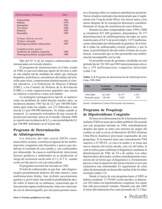 rar a la pareja sobre su conducta reproductora posterior.
 Enfermedades eliminadas                     Años
                                                               Varios estudios realizados han demostrado que el suple-
   Poliomielitis                               1962            mento con 5 mg de ácido fólico, tres meses antes y tres
   Difteria                                    1979            meses después de la concepción disminuye considera-
   Sarampión                                   1993            blemente el riesgo de ocurrencia de estos defectos.
   Tos ferina                                  1994
   Rubéola                                     1995                  Durante los años comprendidos entre 1999 y 2004
   Parotiditis                                 1995            se estudiaron 821 669 gestantes, detectándose 54 377
                                                               determinaciones de alfafetoproteína elevadas en suero
   Formas clínicas severas
   Tétanos neonatal                            1972            materno para el 6,6 % de positividad y 1 675 malforma-
   Meningoencefalitis tuberculosa              1997            ciones detectadas por ultrasonido de genética. Se le brin-
                                                               dó a todas las embarazadas consejo genético y por lo
   Complicaciones graves
   Síndrome de rubéola congénita               1989
                                                               tanto, la posibilidad de decidir sobre el futuro de su em-
   Meningoencefalitis posparotiditis           1989            barazo, conociendo que su feto presentaba una malfor-
                                                               mación incompatible con la vida.
      Más del 95 % de las mujeres embarazadas están                  El promedio anual de gestantes estudiadas en este
inmunizadas con toxoide tetánico.                              período fue de 136 945 con 9 063 determinaciones eleva-
      El programa de inmunizaciones en Cuba, creado            das y 279 malformaciones congénitas detectadas
en 1960, es una actividad que aparte de llevarse a cabo        (tabla 3.4).
en una amplia red de unidades de salud, que incluyen
hospitales, policlínicos, consultorios del médico de la fa-    Tabla 3. 4. Programa de determinación de alfafetoproteína.
milia entre otros, comprometen dinámicamente al siste-         Cuba, 1999-2004
ma educativo, a la Federación de Mujeres Cubanas
                                                                Años             Gestantes     AFP elevadas     Malformaciones
(FMC), a los Comités de Defensa de la Revolución
                                                                                 estudiadas                     detectadas
(CDR) y a otras organizaciones populares que suman
su esfuerzo e iniciativa a estas actividades.                   1999-2004         821 669          54 377           1 675
      La meningitis meningocócica tipo B, se mantuvo            Promedio anual    136 945           9 063             279
como un problema de salud durante muchos años, su
incidencia durante 1985 fue de 12,7 por 100 000 habi-          Fuente: Estadísticas Centros Provinciales de Genética.
tantes para todas las edades, con 211 fallecidos y una
tasa de 2,1 por 100 000 habitantes. Se redujo cuando se        Programa de Pesquisaje
comenzó la vacunación sistemática de una vacuna de             de Hipotiroidismo Congénito
producción nacional, única en el mundo. Durante 2004
                                                                     Se basa en la determinación de la hormona tiroesti-
se reportó una incidencia de 0,3, y una mortalidad de 0,1
                                                               mulante (TSH) en suero del cordón umbilical. De acuerdo
por 100 000 habitantes en el mismo año.
                                                               con este programa iniciado en 1986, inmediatamente
Programa de Determinación                                      después del parto se toma una muestra de sangre del
                                                               cordón, la cual se envía al laboratorio SUMA (Sistema
de Alfafetoproteína                                            Ultra-Micro-Analítico) provincial responsable de este
      Los defectos del tubo neural (DTN) como:                 pesquisaje. Si la muestra tiene una concentración TSH
anencefalia, acráneo, constituyen algunas de las malfor-       superior a 25 MUI/L, se cita a la madre y se toma una
maciones congénitas más frecuentes y graves que mo-            nueva muestra del recién nacido, esta vez del talón, la
difican el resultado de este estudio y son confirmables        cual se utiliza para confirmar el diagnóstico mediante la
por ultrasonido. Su causa es multifactorial; intervienen       determinación de TSH, de T4 o de ambas. Los niños
factores genéticos y ambientales en su producción; el          hipotiroideos detectados reciben inmediatamente trata-
riesgo de ocurrencia oscila entre el 2 y el 5 % cuando         miento de tal forma que el diagnóstico y el tratamiento
existe un hijo previo con este antecedente.                    precoz evitan la aparición del retraso mental severo que
      El programa nacional fue iniciado en 1982.               caracteriza esta enfermedad. El seguimiento de estos
      El total de embarazadas en que han sido diagnos-         niños ha demostrado un desarrollo similar al de los niños
ticados prenatalmente defectos del tubo neural y otras         normales (tabla 3.5).
malformaciones fetales, han recibido asesoramiento                   Desde el inicio de este programa hasta el 2003 se
genético y, por lo tanto, han tenido la posibilidad de deci-   habían estudiado 2 374 669 recién nacidos, se detecta-
dir sobre el futuro de su embarazo, conociendo que el          ron 685 niños con hipotiroidismo congénito, los cuales
feto presenta alguna malformación, todo esto relaciona-        han sido precozmente tratados. Durante este año 2003
do con la ultrasonografía; por otra parte permite aseso-       el inicio del tratamiento fue como promedio de 13,7 días.

Parte I. Práctica pediátrica en Cuba                                                                        9
 
