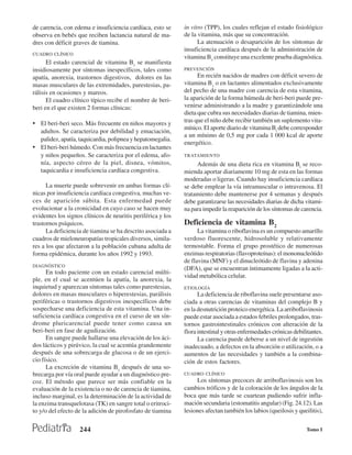 de carencia, con edema e insuficiencia cardíaca, esto se     in vitro (TPP), los cuales reflejan el estado fisiológico
observa en bebés que reciben lactancia natural de ma-        de la vitamina, más que su concentración.
dres con déficit graves de tiamina.                                La atenuación o desaparición de los síntomas de
                                                             insuficiencia cardíaca después de la administración de
CUADRO CLÍNICO
                                                             vitamina B1 constituye una excelente prueba diagnóstica.
      El estado carencial de vitamina B1 se manifiesta
insidiosamente por síntomas inespecíficos, tales como        PREVENCIÓN
apatía, anorexia, trastornos digestivos, dolores en las            En recién nacidos de madres con déficit severo de
masas musculares de las extremidades, parestesias, pa-       vitamina B1 o en lactantes alimentados exclusivamente
rálisis en ocasiones y mareos.                               del pecho de una madre con carencia de esta vitamina,
      El cuadro clínico típico recibe el nombre de beri-     la aparición de la forma húmeda de beri-beri puede pre-
beri en el que existen 2 formas clínicas:                    venirse administrando a la madre y garantizándole una
                                                             dieta que cubra sus necesidades diarias de tiamina, mien-
• El beri-beri seco. Más frecuente en niños mayores y        tras que el niño debe recibir también un suplemento vita-
                                                             mínico. El aporte diario de vitamina Bl debe corresponder
  adultos. Se caracteriza por debilidad y emaciación,
                                                             a un mínimo de 0,5 mg por cada 1 000 kcal de aporte
  palidez, apatía, taquicardia, polipnea y hepatomegalia.
                                                             energético.
• El beri-beri húmedo. Con más frecuencia en lactantes
  y niños pequeños. Se caracteriza por el edema, afo-        TRATAMIENTO
  nía, aspecto céreo de la piel, disnea, vómitos,                 Además de una dieta rica en vitamina Bl se reco-
  taquicardia e insuficiencia cardíaca congestiva.           mienda aportar diariamente 10 mg de esta en las formas
                                                             moderadas o ligeras. Cuando hay insuficiencia cardíaca
      La muerte puede sobrevenir en ambas formas clí-        se debe emplear la vía intramuscular o intravenosa. El
nicas por insuficiencia cardíaca congestiva, muchas ve-      tratamiento debe mantenerse por 4 semanas y después
ces de aparición súbita. Esta enfermedad puede               debe garantizarse las necesidades diarias de dicha vitami-
evolucionar a la cronicidad en cuyo caso se hacen muy        na para impedir la reaparición de los síntomas de carencia.
evidentes los signos clínicos de neuritis periférica y los
trastornos psíquicos.                                        Deficiencia de vitamina B2
      La deficiencia de tiamina se ha descrito asociada a          La vitamina o riboflavina es un compuesto amarillo
cuadros de mieloneuropatías tropicales diversos, simila-     verdoso fluorescente, hidrosoluble y relativamente
res a los que afectaron a la población cubana adulta de      termostable. Forma el grupo prostético de numerosas
forma epidémica, durante los años 1992 y 1993.               enzimas respiratorias (flavoproteínas): el mononucleótido
                                                             de flavina (MNF) y el dinucleótido de flavina y adenina
DIAGNÓSTICO
                                                             (DFA), que se encuentran íntimamente ligadas a la acti-
      En todo paciente con un estado carencial múlti-
                                                             vidad metabólica celular.
ple, en el cual se acentúen la apatía, la anorexia, la
inquietud y aparezcan síntomas tales como parestesias,       ETIOLOGÍA
dolores en masas musculares o hiperestesias, parálisis             La deficiencia de riboflavina suele presentarse aso-
periféricas o trastornos digestivos inespecíficos debe       ciada a otras carencias de vitaminas del complejo B y
sospecharse una deficiencia de esta vitamina. Una in-        en la desnutrición proteico energética. La arriboflavinosis
suficiencia cardíaca congestiva en el curso de un sín-       puede estar asociada a estados febriles prolongados, tras-
drome pluricarencial puede tener como causa un               tornos gastrointestinales crónicos con alteración de la
beri-beri en fase de agudización.                            flora intestinal y otras enfermedades crónicas debilitantes.
      En sangre puede hallarse una elevación de los áci-           La carencia puede deberse a un nivel de ingestión
dos lácticos y pirúvico, la cual se acentúa grandemente      inadecuado, a defectos en la absorción o utilización, o a
después de una sobrecarga de glucosa o de un ejerci-         aumentos de las necesidades y también a la combina-
cio físico.                                                  ción de estos factores.
      La excreción de vitamina B1 después de una so-
brecarga por vía oral puede ayudar a un diagnóstico pre-     CUADRO CLÍNICO
coz. El método que parece ser más confiable en la                 Los síntomas precoces de arriboflavinosis son los
evaluación de la existencia o no de carencia de tiamina,     cambios tróficos y de la coloración de los ángulos de la
incluso marginal, es la determinación de la actividad de     boca que más tarde se cuartean pudiendo sufrir infla-
la enzima transquelotasa (TK) en sangre total o eritroci-    mación secundaria (estomatitis angular) (Fig. 24.12). Las
to y/o del efecto de la adición de pirofosfato de tiamina    lesiones afectan también los labios (queilosis y queilitis),


                   244                                                                                           Tomo I
 