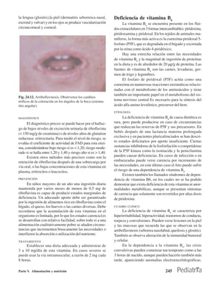 la lengua (glositis),la piel (dermatitis seborreica nasal,       Deficiencia de vitamina B6
escrotal y vulvar) y en los ojos se produce vascularización            La vitamina B6 se encuentra presente en los flui-
circuncorneal y corneal.                                         dos extracelulares en 3 formas intercambiables: piridoxina,
                                                                 piridoxamina y piridoxal. En los tejidos de animales ma-
                                                                 míferos, la forma más activa es la coenzima piridoxal 5-
                                                                 fosfato (P5F), que es degradada en el hígado y excretada
                                                                 por la orina como ácido 4-piridóxico.
                                                                       Hay una estrecha relación entre las necesidades
                                                                 de vitamina B6 y la magnitud de ingestión de proteínas
                                                                 en la dieta y es de alrededor de 20 µg/g de proteína. Las
                                                                 fuentes de vitamina B6 son las carnes, levaduras, ger-
                                                                 men de trigo y legumbres.
                                                                       El fosfato de piridoxal (P5F) actúa como una
                                                                 coenzima en numerosas reacciones enzimáticas relacio-
                                                                 nadas con el metabolismo de los aminoácidos y tiene
                                                                 también un importante papel en el metabolismo del sis-
Fig. 24.12. Arriboflavinosis. Obsérvense los cambios
tróficos de la coloración en los ángulos de la boca (estoma-     tema nervioso central Es necesario para la síntesis del
titis angular).                                                  ácido alfa amino levulínico, precursor del hem.
                                                                 ETIOLOGÍA

DIAGNÓSTICO                                                            La deficiencia de vitamina B6 de causa dietética es
     El diagnóstico precoz se puede hacer por el hallaz-         rara, pero puede producirse en caso de circunstancias
go de bajos niveles de excreción urinaria de riboflavina         que reduzcan las reservas de P5F y sus precursores. En
(< 150 mg/g de creatinina) o de niveles altos de glutation       bebés después de una lactancia materna prolongada
                                                                 exclusiva y en pacientes pluricafenciados se han descri-
reductasa eritrocitaria. Para medir el nivel de riesgo, se
evalúa el coeficiente de actividad de FAD para esta enzi-        to estados deficitarios por aporte insuficiente. Ciertas
ma, considerándose bajo riesgo si es < 1,20, riesgo mode-        sustancias inhibidoras de la fosforilación o competidoras
rado si se halla entre 1,20 y 1,40 y riesgo alto si es > 1,40.   de la P5F kinasa como la isoniacida y la penicilamina
     Existen otros métodos más precisos como son la              pueden causar deficiencias. En casos de infección o en
retención de riboflavina después de una sobrecarga por           embarazadas puede verse carencia por incremento de
vía oral, o las bajas concentraciones de esta vitamina en        las necesidades, en este último caso el feto puede sufrir
plasma, eritrocitos o leucocitos.                                el riesgo de una dependencia de vitamina B6.
                                                                       Existen también los llamados síndromes de depen-
PREVENCIÓN                                                       dencia de vitamina B6, en los cuales no se ha podido
      En niños mayores de un año una ingestión diaria            demostrar que exista deficiencia de esta vitamina ni anor-
mantenida por varios meses de menos de 0,5 mg de                 malidades metabólicas, aunque se presentan síntomas
riboflavina es capaz de producir estados marginales de           de carencia que solamente son revertidos por altas dosis
deficiencia. Un adecuado aporte debe ser garantizado             de piridoxina.
por la ingestión de alimentos rico en riboflavina como el
hígado, el queso, los huevos o las carnes diversas. Debe         CUADRO CLÍNICO
recordarse que la acumulación de esta vitamina en el                   La deficiencia de vitamina B6 se caracteriza por
organismo es limitada, por lo que los estados carencia1es        hiperirritabilidad, hiperactividad, trastornos de conducta,
se desarrollan con relativa facilidad, sobre todo si a una       torpeza y convulsiones. Pueden verse lesiones en la piel
alimentación cualitativamente pobre se añaden circuns-           y las mucosas que recuerda las que se observan en la
tancias que incrementen bruscamente las necesidades o            arriboflavinosis (seborrea nasolabial, queilosis y glositis).
interfieren la absorción o utilización del nutriente.            También se observa alteración de la inmunidad humoral
TRATAMIENTO                                                      y celular.
     Establecer una dieta adecuada y administrar de                    En la dependencia a la vitamina B6, las crisis
3 a 10 mg/día de esta vitamina. En casos severos se              convulsivas pueden comenzar tan temprano como a las
puede usar la vía intramuscular, a razón de 2 mg cada            3 horas de nacido, aunque pueden hacerlo también más
8 horas.                                                         tarde, apareciendo anomalías electroencefalográficas.

Parte V. Alimentación y nutrición                                                                   245
 