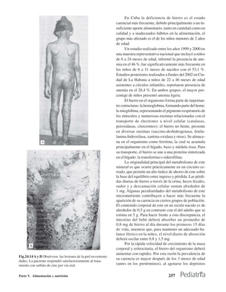 En Cuba la deficiencia de hierro es el estado
                                                                carencial más frecuente, debido principalmente a un in-
                                                                suficiente aporte alimentario, tanto en cantidad como en
                                                                calidad y a inadecuados hábitos en la alimentación, el
                                                                grupo más afectado es el de los niños menores de 2 años
                                                                de edad.
                                                                      Un estudio realizado entre los años 1999 y 2000 en
                                                                una muestra representativa nacional que incluyó a niños
                                                                de 6 a 24 meses de edad, informó la presencia de ane-
                                                                mia en el 46 %, fue significativamente más frecuente en
                                                                los niños de 6 a 11 meses de nacidos con el 53,1 %.
                                                                Estudios posteriores realizados a finales del 2002 en Ciu-
                                                                dad de La Habana a niños de 22 a 46 meses de edad
                                                                asistentes a círculos infantiles, reportaron presencia de
                                                                anemia en el 28,4 %. En ambos grupos, el mayor por-
                                                                centaje de niños presentó anemia ligera.
                                                                      El hierro en el organismo forma parte de importan-
                                                                tes estructuras: la hemoglobina, formando parte del heme;
                                                                la mioglobina, representando el pigmento respiratorio de
                                                                los músculos y numerosas enzimas relacionadas con el
                                                                transporte de electrones a nivel celular (catalasas,
                                                                peroxidasas, citocromos); el hierro no heme, presente
                                                                en diversas enzimas (succino-deshidrogenasa, fenila-
                                                                lanina-hidroxilasa, xantina-oxidasa y otras). Se almace-
                                                                na en el organismo como ferritina, la cual se acumula
                                                                principalmente en el hígado, bazo y médula ósea. Para
                                                                su transporte, el hierro se une a una proteína sintetizada
                                                                en el hígado: la transferrina o siderofilina.
                                                                      La originalidad principal del metabolismo de este
                                                                mineral es que ocurre prácticamente en un circuito ce-
                                                                rrado, que permite un alto índice de ahorro de este sobre
                                                                la base del equilibrio entre ingreso y pérdida. Las pérdi-
                                                                das diarias de hierro a través de la orina, heces fecales,
                                                                sudor y y descamación celular suman alrededor de
                                                                1 mg. Algunas peculiaridades del metabolismo de este
                                                                micronutriente contribuyen a hacer más frecuente la
                                                                aparición de su carencia en ciertos grupos de población.
                                                                El contenido corporal de este en un recién nacido es de
                                                                alrededor de 0,5 g en contraste con el del adulto que se
                                                                estima en 5 g. Para hacer frente a esta discrepancia, el
                                                                intestino del bebé deberá absorber un promedio de
                                                                0,8 mg de hierro al día durante los primeros 15 días
                                                                de vida, mientras que, para mantener un adecuado ba-
                                                                lance férrico en la niñez, el nivel diario de absorción
                                                                deberá oscilar entre 0,8 y 1,5 mg.
                                                                      Por la rápida velocidad de crecimiento de la masa
                                                                corporal y eritrocitaria, el hierro del organismo deberá
                                                                aumentar con rapidez. Por esta razón la prevalencia de
Fig.24.14 A y B Obsérvese las lesiones de la piel en extremi-
                                                                su carencia es mayor después de los 3 meses de edad
dades. La paciente respondió satisfactoriamente al trata-
miento con sulfato de cinc por vía oral.                        (antes en los pretérminos), al agotarse los depósitos

Parte V. Alimentación y nutrición                                                                 257
 