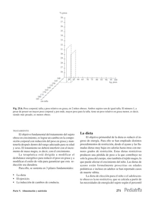 Fig. 25.6. Peso corporal, talla y peso relativo en grasa, en 2 niños obesos. Ambos sujetos son de igual talla. El número 1, a
pesar de poseer un mayor peso corporal y por ende, mayor peso para la talla, tiene un peso relativo en grasa menor, es decir,
siendo más pesado, es menos obeso.




TRATAMIENTO
     El objetivo fundamental del tratamiento del sujeto           La dieta
obeso en crecimiento, es lograr un cambio en la compo-                  El objetivo primordial de la dieta es reducir el in-
sición corporal con reducción del peso en grasa y man-            greso de energía. Para ello se han empleado distintos
tenerla después dentro del rango adecuado para su edad            procedimientos de restricción, desde el ayuno y las lla-
y sexo. El tratamiento no deberá interferir con el incre-         madas dietas muy bajas en calorías hasta otras con me-
mento de masa magra, es decir, con el crecimiento.                nores grados de restricción. Estas dietas restrictivas
     La terapéutica está dirigida a modificar el                  producen una pérdida de peso a la que contribuye no
desbalance energético para reducir el peso en grasa y a           solo la grasa del cuerpo, sino también el tejido magro, lo
modificar el estilo de vida para garantizar que esta re-          que puede afectar el crecimiento del niño. Las dietas de
ducción sea duradera.                                             ayuno están formalmente proscritas en edades
     Para ello, se sustenta en 3 pilares fundamentales:           pediátricas e incluso en adultos se han reportado casos
                                                                  de muerte súbita.
• La dieta                                                              La dieta de elección para el niño o el adolescen-
• El ejercicio.                                                   te obeso es la no restrictiva, que se calcula a partir de
• La inducción de cambios de conducta.                            las necesidades de energía del sujeto según el percentil

Parte V. Alimentación y nutrición                                                                     271
 