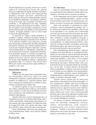 al medio líquido que lo circunda, uno de cuyos constitu-                No infecciosas
yentes es la orina fetal. En el caso de una agenesia                    Entre las enfermedades maternas no infecciosas,
renal este componente del líquido amniótico está ausen-          cuyo padecimiento tiene influencia notable sobre el cre-
te (oligoamnios). Esto provoca una compresión fetal              cimiento y desarrollo fetal se encuentra la diabetes.
mecánica, y da lugar a una facies característica (de
                                                                        Se ha comprobado, que los hijos de madres diabé-
Potter) dada por desviación antimongoloidea marcada
                                                                 ticas, con gran labilidad metabólica, tratadas con altas
de las hendiduras palpebrales, micrognatia, malforma-
ciones de las orejas, que son grandes, con hélices poco          dosis de insulina, paren niños con malformaciones con-
enrollados y de implantación muy baja, hipoplasia                génitas con mayor frecuencia que la población general.
pulmonar, defectos de posición de miembros, como el                     Entre estas anomalías se encuentran las cardio-
pie varo equino y otras anomalías secundarias a la com-          vasculares, como la transposición de grandes vasos y
presión uterina, todas estas debidas a la disminución del        los defectos por reducción de miembros, sobre los que
volumen de líquido amniótico. Esto se conoce como                se ha especulado si son causados por la enfermedad
secuencia de oligohidramnios.                                    como tal o por las elevadas dosis de insulina que recibe
      La aparición de bandas o bridas amnióticas se-             la madre como tratamiento para la hiperglicemia. Estos
cundarias a rupturas tempranas del amnios durante la             fetos, sometidos a cambios metabólicos frecuentes y
gestación, puede dar lugar a anomalías de los miembros           severos, generalmente nacen con un peso inferior al
, de la columna vertebral u otras estructuras, secunda-          correspondiente a su edad gestacional (CIUR), a dife-
rias a hemorragias y destrucciones de tejidos (disrupción)       rencia de los hijos de madres con diabetes gestacional,
inicialmente normales que sufrieron modificaciones a             generalmente ligera, que nacen con un peso y una talla
causa de una irrigación sanguínea deficiente o ausente ,         por encima del promedio (macrosomía fetal).
cuyo resultado puede ser oligodactilia, sindactilia, sur-               Otra enfermedad que puede dar lugar a defectos
cos de constricción, hoyuelos y amputaciones intraútero.         congénitos en la descendencia, es la epilepsia. El trata-
Estas anomalías integran la secuencia de ruptura pre-            miento con dosis altas de anticonvulsivantes del tipo de
coz del amnios o secuencia por bandas amnióticas, que            las hidantoínas, la primidona, trimetadiona y otros, en la
pueden ser tan leves como un surco de constricción y
                                                                 embarazada epiléptica ( dosis altas) o el uso conjunto
tan severas como hendiduras faciales y amputaciones
                                                                 de varios anticonvulsivantes cuyas acciones se
de miembros (Fig. 27.17 y Fig.27.17A). Uno de cada 2
                                                                 potencializan, dan lugar a defectos fetales, entre estas,
000 recién nacidos suele presentar algún problema se-
                                                                 la dismorfia facial, las anomalías distales de extremida-
cundario a esta causa.
                                                                 des y de las uñas, el retraso mental y del desarrollo
Enfermedades maternas                                            motor, acompañadas en algunos casos de un incremen-
                                                                 to en el número de arcos digitales en los dermatoglifos.
       Infecciosas                                                       Enfermedades maternas, como la fenilcetonuria,
       TORCH: En este grupo están comprendidas algu-             el hipertiroidismo o hipotiroidismo y otras, también son
nas enfermedades infecciosas capaces de causar
                                                                 capaces de producir anomalías fetales.
embriopatías o fetopatías, según la edad gestacional del
                                                                        Algunos autores estiman que las infecciones
producto al establecerse la infección materna. Entre
                                                                 intrauterinas (enfermedad de inclusión citomegálica, sí-
estas se incluyen la toxoplasmosis, la rubéola, la infec-
                                                                 filis, toxoplasmosis, rubéola, entre otras) no deben ser
ción por citomegalovirus y herpes virus.
                                                                 consideradas como defectos estructurales. La diabetes
       La rubéola congénita es causa de catarata congé-
                                                                 materna severa es capaz de ocasionar serias malforma-
nita, sordera, malformaciones cardíacas, microcefalia y
                                                                 ciones (Fig. 27.23 y 27.23A). Una malformación con-
retraso mental si el virus afecta al embrión en las pri-
                                                                 génita puede tener varias causas (heterogeneidad
meras semanas de vida intrauterina, cuando esta ocu-
                                                                 genética), por lo cual es muy importante el estudio minu-
rriendo la organogénesis.
                                                                 cioso del niño con una malformación y y el interrogato-
       Agentes infecciosos como el citomegalovirus y el
toxoplasma provocan en el embrión hidrocefalia, micro-           rio y examen detallado de su familia.
cefalia, coriorretinitis, calcificaciones intracraneales y re-          Los agentes teratógenos absolutamente demos-
traso mental, entre otras anomalías. Si la infección ocurre      trados son: talidomida, aminopterina, warfarina,
en la etapa fetal tardía, estos agentes dan lugar a bajo         ioduros, dietilestilbestrol, ácido retinoico,
peso (CIUR) y signos clínicos de sepsis al nacimiento.           propiltiouracilo, tetra-ciclina, progesterona y
       Otras enfermedades infecciosas que pueden pro-            estrógenos. También se describen síndromes fetales
vocar malformaciones fetales son la varicela, el SIDA,           malformativos derivados del empleo de trimetadiona,
la sífilis y otras.                                              alcohol y metronidazol, entre otros.

                    290                                                                                             Tomo I
 