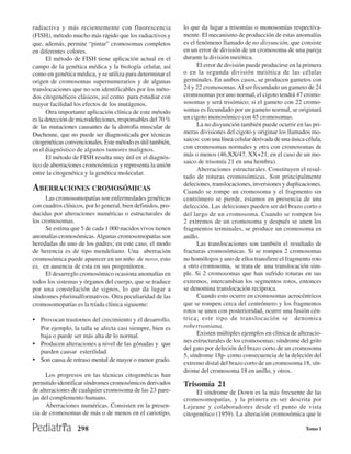 radiactiva y más recientemente con fluorescencia             lo que da lugar a trisomías o monosomías respectiva-
(FISH), método mucho más rápido que los radiactivos y        mente. El mecanismo de producción de estas anomalías
que, además, permite “pintar” cromosomas completos           es el fenómeno llamado de no disyunción, que consiste
en diferentes colores.                                       en un error de división de un cromosoma de una pareja
      El método de FISH tiene aplicación actual en el        durante la división meiótica.
campo de la genética médica y la biología celular, así             El error de división puede producirse en la primera
como en genética médica, y se utiliza para determinar el     o en la segunda división meiótica de las células
origen de cromosomas supernumerarios y de algunas            germinales. En ambos casos, se producen gametos con
translocaciones que no son identificables por los méto-      24 y 22 cromosomas. Al ser fecundado un gameto de 24
dos citogenéticos clásicos, así como para estudiar con       cromosomas por uno normal, el cigoto tendrá 47 cromo-
mayor facilidad los efectos de los mutágenos.                sosomas y será trisómico; si el gameto con 22 cromo-
      Otra importante aplicación clínica de este método      somas es fecundado por un gameto normal, se originará
es la detección de microdeleciones, responsables del 70 %    un cigoto monosómico con 45 cromosomas.
de las mutaciones causantes de la distrofia muscular de            La no disyunción también puede ocurrir en las pri-
Duchenne, que no puede ser diagnosticada por técnicas        meras divisiones del cigoto y originar los llamados mo-
citogenéticas convencionales. Este método es útil también,   saicos: con una línea celular derivada de una única célula,
en el diagnóstico de algunos tumores malignos.               con cromosomas normales y otra con cromosomas de
      El método de FISH resulta muy útil en el diagnós-      más o menos (46,XX/47, XX+21, en el caso de un mo-
                                                             saico de trisomía 21 en una hembra).
tico de aberraciones cromosómicas y representa la unión
                                                                   Aberraciones estructurales. Constituyen el resul-
entre la citogenética y la genética molecular.
                                                             tado de roturas cromosómicas. Son principalmente
                                                             deleciones, translocaciones, inversiones y duplicaciones.
ABERRACIONES CROMOSÓMICAS                                    Cuando se rompe un cromosoma y el fragmento sin
      Las cromosomopatías son enfermedades genéticas         centrómero se pierde, estamos en presencia de una
con cuadros clínicos, por lo general, bien definidos, pro-   delección. Las deleciones pueden ser del brazo corto o
ducidas por alteraciones numéricas o estructurales de        del largo de un cromosoma. Cuando se rompen los
los cromosomas.                                              2 extremos de un cromosoma y después se unen los
      Se estima que 5 de cada 1 000 nacidos vivos tienen     fragmentos terminales, se produce un cromosoma en
anomalías cromosómicas. Algunas cromosomopatías son          anillo.
heredadas de uno de los padres; en este caso, el modo              Las translocaciones son también el resultado de
de herencia es de tipo mendeliano. Una aberración            fracturas cromosómicas. Si se rompen 2 cromosomas
cromosómica puede aparecer en un niño de novo, esto          no homólogos y uno de ellos transfiere el fragmento roto
es, en ausencia de esta en sus progenitores..                a otro cromosoma, se trata de una translocación sim-
      El desarreglo cromosómico ocasiona anomalías en        ple. Si 2 cromosomas que han sufrido roturas en sus
todos los sistemas y órganos del cuerpo, que se traduce      extremos, intercambian los segmentos rotos, entonces
por una constelación de signos, lo que da lugar a            se denomina translocación recíproca.
síndromes plurimalformativos. Otra peculiaridad de las             Cuando esto ocurre en cromosomas acrocéntricos
cromosomopatías es la tríada clínica siguiente:              que se rompen cerca del centrómero y los fragmentos
                                                             rotos se unen con posterioridad, ocurre una fusión cén-
• Provocan trastornos del crecimiento y el desarrollo.       trica; este tipo de translocación se denomica
  Por ejemplo, la talla se afecta casi siempre, bien es      robertsoniana.
  baja o puede ser más alta de lo normal.                          Existen múltiples ejemplos en clínica de alteracio-
                                                             nes estructurales de los cromosomas: síndrome del grito
• Producen alteraciones a nivel de las gónadas y que
                                                             del gato por deleción del brazo corto de un cromosoma
  pueden causar esterilidad.
                                                             5, síndrome 18p- como consecuencia de la deleción del
• Son causa de retraso mental de mayor o menor grado.        extremo distal del brazo corto de un cromosoma 18, sín-
                                                             drome del cromosoma 18 en anillo, y otros.
      Los progresos en las técnicas citogenéticas han
permitido identificar síndromes cromosómicos derivados       Trisomía 21
de alteraciones de cualquier cromosoma de las 23 pare-            El síndrome de Down es la más frecuente de las
jas del complemento humano.                                  cromosomopatías, y la primera en ser descrita por
      Aberraciones numéricas. Consisten en la presen-        Lejeune y colaboradores desde el punto de vista
cia de cromosomas de más o de menos en el cariotipo,         citogenético (1959). La alteración cromosómica que le

                  298                                                                                            Tomo I
 