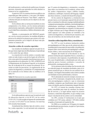 del medicamento y realización de análisis por el propio       por 15 centros de diagnóstico y orientación y escuelas
paciente, elementos que aprenden los niños durante su         para niños con trastornos de la conducta, retraso men-
estancia en los campamentos.                                  tal, sordos e hipoacúsicos, ciegos y débiles visuales,
      A partir de 1978, la construcción de un edificio con    estrabismo y ambliopes, trastornos del lenguaje, impedi-
capacidad para 800 asmáticos y otro para 120 diabéti-         dos físico-motores, y retardo del desarrollo psíquico.
cos en la Ciudad de Pioneros “José Martí”, amplió la                En los centros de diagnóstico y orientación (uno
cobertura del país en relación con los objetivos de estas     por provincia y en el municipio especial Isla de la Juven-
instalaciones.                                                tud), se examinan los niños por un grupo multidisciplinario
      En los últimos años se incluyeron también en estos      compuesto por psiquiatras, pediatras, otorrinolaringólogos,
campamentos a los obesos, con los mismos principios           oftalmólogos, neurólogos, sicopedagogos, foniatras y
anteriormente expresados, subrayando lo relacionado con       logopedas, que determinan en conjunto si el niño presen-
la actividad física sistemática y hábitos alimentarios ade-   ta algún trastorno que lo haga tributario de alguna es-
cuados.                                                       cuela especial. Los niños pueden ser remitidos a los
      Además, es preocupación del MINSAP garanti-             centros de diagnóstico y orientación por maestros, mé-
zar, con los recursos necesarios, las medidas dirigidas a     dicos de la familia o de otra institución de salud.
preservar la salud de los pioneros que asisten a los cam-
pamentos pioneriles con el objetivo de hacer más pla-         Atención a niños impedidos física y mentalmente
centera su estancia allí.                                           En 1937 se creó la primera institución médica
                                                              psicopedagógica en Cuba, que era de carácter privado y
Atención a niños de escuelas especiales
                                                              resultaba para la mayorpia de inaccesible a la población;
      Las escuelas de enseñanza especial son para los ni-     después hubo cierta atención psicopedagógica sufraga-
ños que tienen algún tipo de dificultad para el aprendizaje   da por clubes y otras asociaciones de la burguesía.
y a los cuales hay que educar.                                      Después del triunfo de la Revolución se creó la
      La creación de la red de centros y escuelas espe-       primera institución para impedidos físicos y mentales, y
ciales en todo el país es uno de los logros de la Revolu-     se comienzó a dar respuesta a la problemática de aque-
ción como parte de las grandes transformaciones que se        llos casos hospitalizados y abandonados por años, que
han producido en la educación. En 1962, el MINED creó
                                                              padecían graves lesiones cerebrales o secuelas de
el Departamento de Enseñanza Especial; en la primera
                                                              poliomielitis, meningoencefalits y otras.
fase de la década de 60 se crearon las primeras 50 es-
                                                                    En los primeros años de trabajo fue favorecido solo
cuelas en todas las provincias y la organización de los
                                                              un reducido grupo de retardados profundos, pues el ré-
centros de diagnóstico y orientación. El comportamiento
                                                              gimen asistencial que se ofrecía era con carácter de in-
de la matrícula en los últimos años se establece en la
                                                              ternado, y los hogares funcionaban como centros cerrados
tabla 3.9.
                                                              con limitados recursos profesionales y técnicos.
Tabla 3.9. Matrícula de las escuelas especiales                     Por la demanda de atención siempre creciente sur-
                                                              gió en 1970 el internado u hospital de día, donde la ac-
   Años                         Matrícula
                                                              ción psicopedagógica coadyuvó a que se alcanzaran
   1995-1996                      52 848                      resultados ventajosos que beneficiaran tanto al paciente
   2000-2001                      57 629                      como a la familia, gracias al tratamiento integral ofrecido.
   2001-2002                      55 053                            En 1975, se crearon las consultas externas inte-
   2002-2003                      51 595
   2003-2004                      49 756                      grales concebidas para tratar de satisfacer las deman-
   2004-2005                      46 853                      das de servicio, y se logró utilizar mejor los recursos
                                                              humanos y materiales disponibles, lo que condujo a una
      En la tabla podemos apreciar que la matrícula total     mayor vinculación de los centros con la comunidad.
de educación especial, es de 46 853, de los cuales                  En 1991, existían 23 instituciones en el país que
25 831 (55,1 %) está acogido al régimen de semiinternado      contaban con 2 563 camas, además 1 105 niños estaban
y el resto 12 415 (44,9 %) son internos. En total hay         acogidos al internado de hospital de día.
426 escuelas funcionando.                                           En 2004 ya se contaba con 34 hogares de impedi-
      Actualmente hay distintos tipos de centros, escue-      dos distribuidos por provincias, excepto en 3 provincias,
las y aulas especiales. La red nacional está compuesta        con un total de 14 575.

                    16                                                                                            Tomo I
 