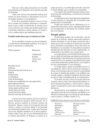 Tiene una valiosa aplicación práctica en el estudio     propia provincia y la atrofia óptica de Leber, frecuente
 de la distrofina en el diagnóstico de la distrofia muscular   en Sancti Spíritus, que se estudia en esta localidad.
 de Duchenne.                                                        Los estudios de la atrofia muscular espinal y la dis-
        Todas estas técnicas han permitido analizar gran       trofia muscular de Duchenne, se realizan en el Instituto
 número de genes humanos y relacionarlos con las en-           de Neurología.
 fermedades genéticas correspondientes.                              La importancia de las investigaciones biogenéticas
       El uso de la tecnología moderna, como es el caso        en seres humanos es innegable por los beneficios que
                                                               pueden legar a la humanidad.
 de los estudios de la biología molecular es extremada-
                                                                     Cuanto más estrecha sea la colaboración y la co-
 mente costosa y debe ser justificado de acuerdo con el
                                                               municación entre países, mayor seguridad habrá de que
 costo, la eficacia y las ventajas que puedan suponer para     las investigaciones se efectuarán con el debido respeto
 el individuo, teniendo en cuenta, además, los riesgos a       por el ser humano.
 corto y mediano plazos que impliquen para este.
                                                               Terapia génica
 Estudios moleculares que se realizan en Cuba                        El patrimonio genético de un individuo o de una
                                                               especie no es perfecto. Algunas alteraciones genéticas
      En la actualidad, en el país se realiza el diagnósti-    afectan el fenotipo, lo cual da lugar a trastornos más o
 co molecular de enfermedades genéticas, de las que al-        menos graves que se traducen en alteraciones morfoló-
 gunas se mencionan a continuación.                            gicas, fisiológicas y psicológicas. Estas afecciones son
                                                               hereditarias y se trasmiten a la descendencia cuando la
 Fibrosis quística                   Mutaciones                reproducción del individuo no está comprometida, ca-
                                                               racterizando a una familia, raza o grupo étnico.
                                     F 508 6452X                     La terapia génica es la introducción de genes acti-
                                     R1162X                    vos en células de individuos que padecen una enferme-
                                     3120 + 1GA                dad metabólica. Otra definición es la producción de una
                                                               sustancia útil in vivo mediante la introducción de un gen
                                     R553X
                                                               o una célula modificados genéticamente, con el objetivo
                                                               de curar enfermedades en seres humanos .
 Hemofilia A y B
                                                                     La terapia génica sugiere la posibilida real de cu-
 Sicklemia                                                     ras milagrosas, tanto como la creación de monstruos o
 Determinación molecular de sexo                               robots, con los peligros que esto encierra. La posibilidad
 Frágil X                                                      de conocer la información genética y de modificar esta,
 Fenilcetonuria                                                concede a padres y científicos el poder de selección sobre
 Acondroplasia                                                 las nuevas vidas y la modificación de sus características.
 Corea de Huntington                                                 Es posible, hoy día, realizar la terapia génica de
 Sordera por sensibilidad a los aminoglucósidos                2 formas: sobre la causa, interviniendo directamente so-
 Enfermedad de Wilson                                          bre la información genética o, sobre el efecto, compen-
 Cáncer de colon no polipósico                                 sando o corrigiendo los efectos provocados por un gen
 Ataxia espinocerebelosa tipo                                  defectuoso.
 Atrofia óptica de Leber                                             Recientemente se ha ampliado el campo de la te-
 Atrofia muscular espinal                                      rapia génica más allá de los trastornos metabólicos y se
 Distrofia muscular de Duchenne                                aborda el tratamiento por este método de enfermedades
                                                               como el cáncer y el SIDA (cuadro 31.2).
      La mayoría de estos estudios se llevan a cabo en el
 Centro Nacional de Genética (CNG) del país. En la             Cuadro 31.2. Algunas aplicaciones de terapia génica en enfermedades
 fibrosis quística también se efectúan estudios de                   Metabólicas                     Mucopolisacaridosis
 ligamiento. Algunos centros de investigación han sido               Hematológicas                   Hemofilia
 creados y radican en regiones donde se ha detectado                 Infecciosas                     SIDA
 una enfermedad genética poco común, pero frecuente                  Malignas                        Cáncer
                                                                     Degenerativas                   Parkinson
 en esa zona. Algunos ejemplos son, la ataxia espinoce-              Cardiovasculares                Hipertensión arterial
 rebelosa tippo 2 que, por ser una enfermedad descrita               Endocrinas                      Diabetes
 en familias procedentes de Holguín, se estudia en la

Parte VI. Genética Médica                                                                              319
 