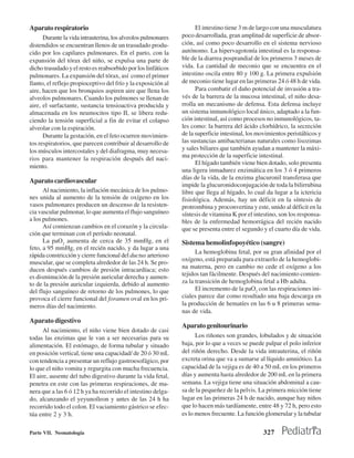 Aparato respiratorio                                                 El intestino tiene 3 m de largo con una musculatura
      Durante la vida intrauterina, los alveolos pulmonares    poco desarrollada, gran amplitud de superficie de absor-
distendidos se encuentran llenos de un trasudado produ-        ción, así como poco desarrollo en el sistema nervioso
cido por los capilares pulmonares. En el parto, con la         autónomo. La hipervagotonía intestinal es la responsa-
expansión del tórax del niño, se expulsa una parte de          ble de la diarrea posprandial de los primeros 3 meses de
dicho trasudado y el resto es reabsorbido por los linfáticos   vida. La cantidad de meconio que se encuentra en el
pulmonares. La expansión del tórax, así como el primer         intestino oscila entre 80 y 100 g. La primera expulsión
llanto, el reflejo propioceptivo del frío y la exposición al   de meconio tiene lugar en las primeras 24 ó 48 h de vida.
aire, hacen que los bronquios aspiren aire que llena los             Para combatir el daño potencial de invasión a tra-
alveolos pulmonares. Cuando los pulmones se llenan de          vés de la barrera de la mucosa intestinal, el niño desa-
aire, el surfactante, sustancia tensioactiva producida y       rrolla un mecanismo de defensa. Esta defensa incluye
almacenada en los neumocitos tipo II, se libera redu-          un sistema inmunológico local único, adaptado a la fun-
ciendo la tensión superficial a fin de evitar el colapso       ción intestinal, así como procesos no inmunológicos, ta-
alveolar con la espiración.                                    les como: la barrera del ácido clorhídrico, la secreción
      Durante la gestación, en el feto ocurren movimien-       de la superficie intestinal, los movimientos peristálticos y
tos respiratorios, que parecen contribuir al desarrollo de     las sustancias antibacterianas naturales como lisozimas
los músculos intercostales y del diafragma, muy necesa-        y sales biliares que también ayudan a mantener la máxi-
rios para mantener la respiración después del naci-            ma protección de la superficie intestinal.
                                                                     El hígado también viene bien dotado, solo presenta
miento.
                                                               una ligera inmadurez enzimática en los 3 ó 4 primeros
                                                               días de la vida, de la enzima glucuronil transferasa que
Aparato cardiovascular
                                                               impide la glucuronidoconjugación de toda la bilirrubina
      Al nacimiento, la inflación mecánica de los pulmo-       libre que llega al hígado, lo cual da lugar a la ictericia
nes unida al aumento de la tensión de oxígeno en los           fisiológica. Además, hay un déficit en la síntesis de
vasos pulmonares producen un descenso de la resisten-          protrombina y proconvertina y este, unido al déficit en la
cia vascular pulmonar, lo que aumenta el flujo sanguíneo       síntesis de vitamina K por el intestino, son los responsa-
a los pulmones.                                                bles de la enfermedad hemorrágica del recién nacido
      Así comienzan cambios en el corazón y la circula-        que se presenta entre el segundo y el cuarto día de vida.
ción que terminan con el período neonatal.
      La paO2 aumenta de cerca de 35 mmHg, en el               Sistema hemolinfopoyético (sangre)
feto, a 95 mmHg, en el recién nacido, y da lugar a una
                                                                     La hemoglobina fetal, por su gran afinidad por el
rápida constricción y cierre funcional del ductus arterioso
                                                               oxígeno, está preparada para extraerlo de la hemoglobi-
muscular, que se completa alrededor de las 24 h. Se pro-
ducen después cambios de presión intracardíaca; esto           na materna, pero en cambio no cede el oxígeno a los
es disminución de la presión auricular derecha y aumen-        tejidos tan fácilmente. Después del nacimiento comien-
to de la presión auricular izquierda, debido al aumento        za la transición de hemoglobina fetal a Hb adulta.
del flujo sanguíneo de retorno de los pulmones, lo que               El incremento de la paO2 con las respiraciones ini-
provoca el cierre funcional del foramen oval en los pri-       ciales parece dar como resultado una baja descarga en
meros días del nacimiento.                                     la producción de hematíes en las 6 u 8 primeras sema-
                                                               nas de vida.
Aparato digestivo
                                                               Aparato genitourinario
      Al nacimiento, el niño viene bien dotado de casi
todas las enzimas que le van a ser necesarias para su                Los riñones son grandes, lobulados y de situación
alimentación. El estómago, de forma tubular y situado          baja, por lo que a veces se puede palpar el polo inferior
en posición vertical, tiene una capacidad/ de 20 ó 30 mL       del riñón derecho. Desde la vida intrauterina, el riñón
con tendencia a presentar un reflujo gastroesofágico, por      excreta orina que va a sumarse al líquido amniótico. La
lo que el niño vomita y regurgita con mucha frecuencia.        capacidad de la vejiga es de 40 a 50 mL en los primeros
El aire, ausente del tubo digestivo durante la vida fetal,     días y aumenta hasta alrededor de 200 mL en la primera
penetra en este con las primeras respiraciones, de ma-         semana. La vejiga tiene una situación abdominal a cau-
nera que a las 6 ó 12 h ya ha recorrido el intestino delga-    sa de la pequeñez de la pelvis. La primera micción tiene
do, alcanzando el yeyunoíleon y antes de las 24 h ha           lugar en las primeras 24 h de nacido, aunque hay niños
recorrido todo el colon. El vaciamiento gástrico se efec-      que lo hacen más tardíamente, entre 48 y 72 h, pero esto
túa entre 2 y 3 h.                                             es lo menos frecuente. La función glomerular y la tubular

Parte VII. Neonatología                                                                           327
 